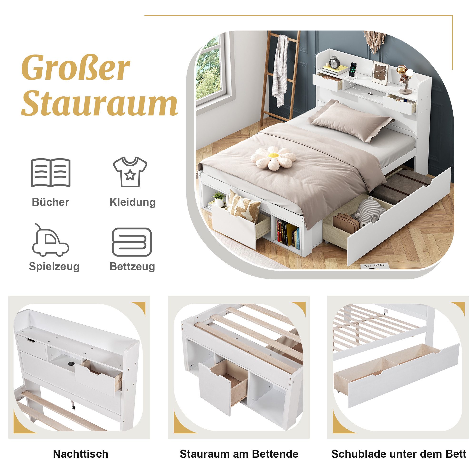 HAUSS SPOLE Holzbett 90x200cm mit USB-port, Schubladen, Stauschrank, ohne M günstig online kaufen
