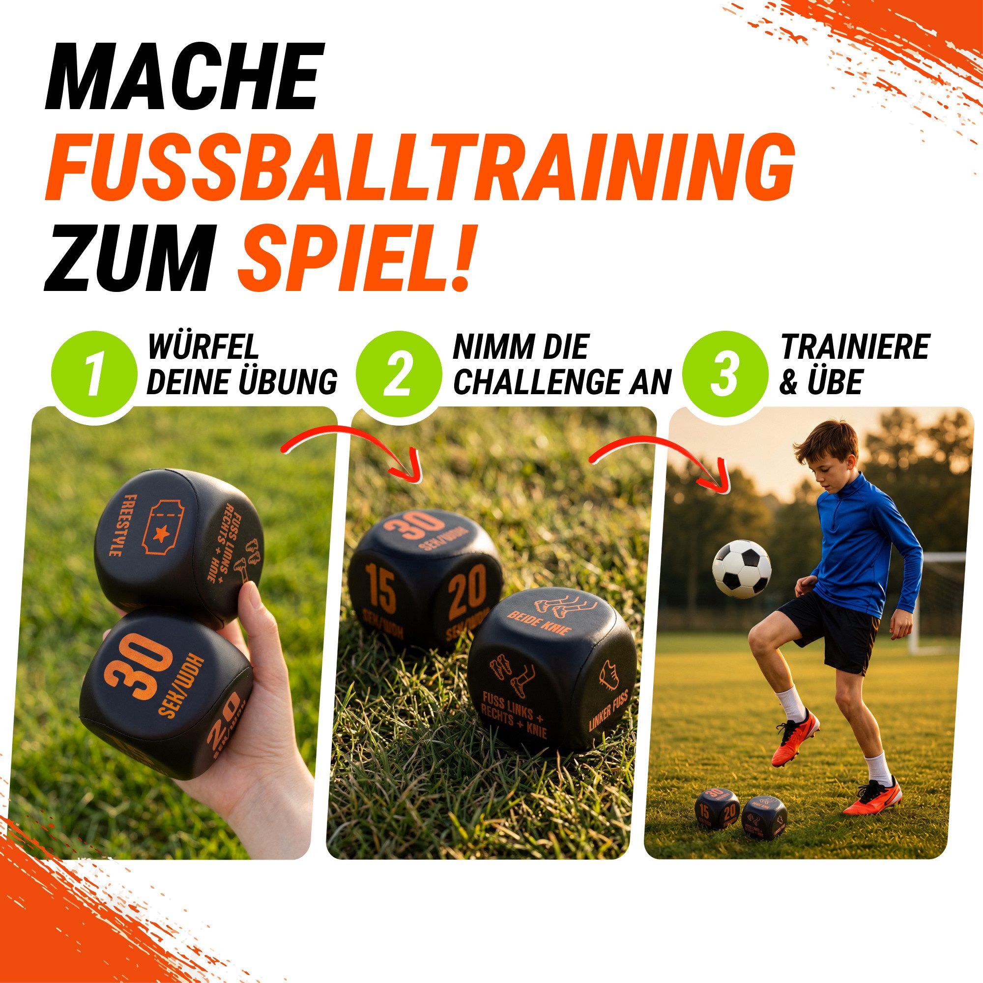 Sayano Lernspielzeug Fußball Trainingswürfel (4-St), 72 Trainingsübungen