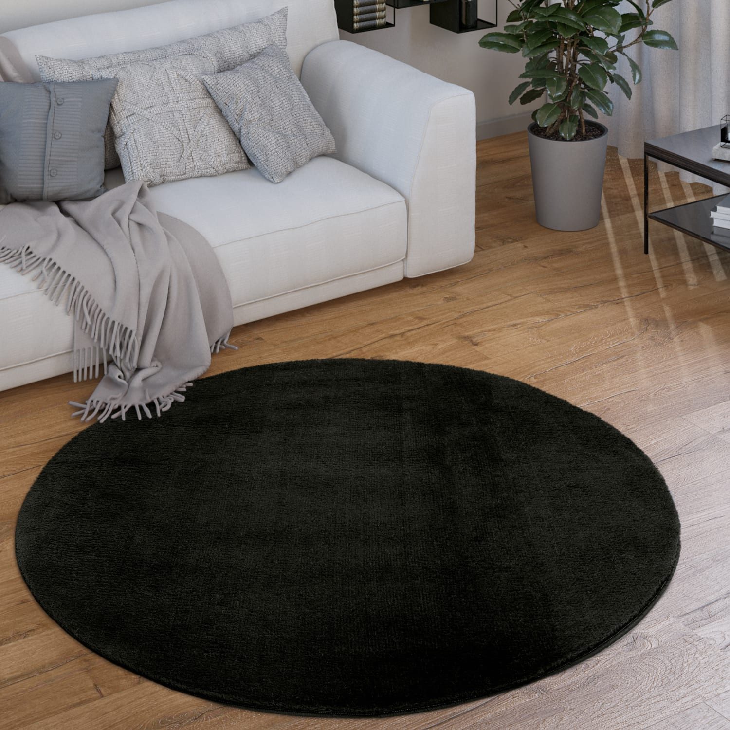 KADIMA DESIGN Teppich waschbar Unifarben Wohnzimmer schmutzabweisend Teppich Kurzflor, Rund, Höhe: 14 mm, Florhöhe: 10 mm, Polyester, Rund, 80D, Schwarz