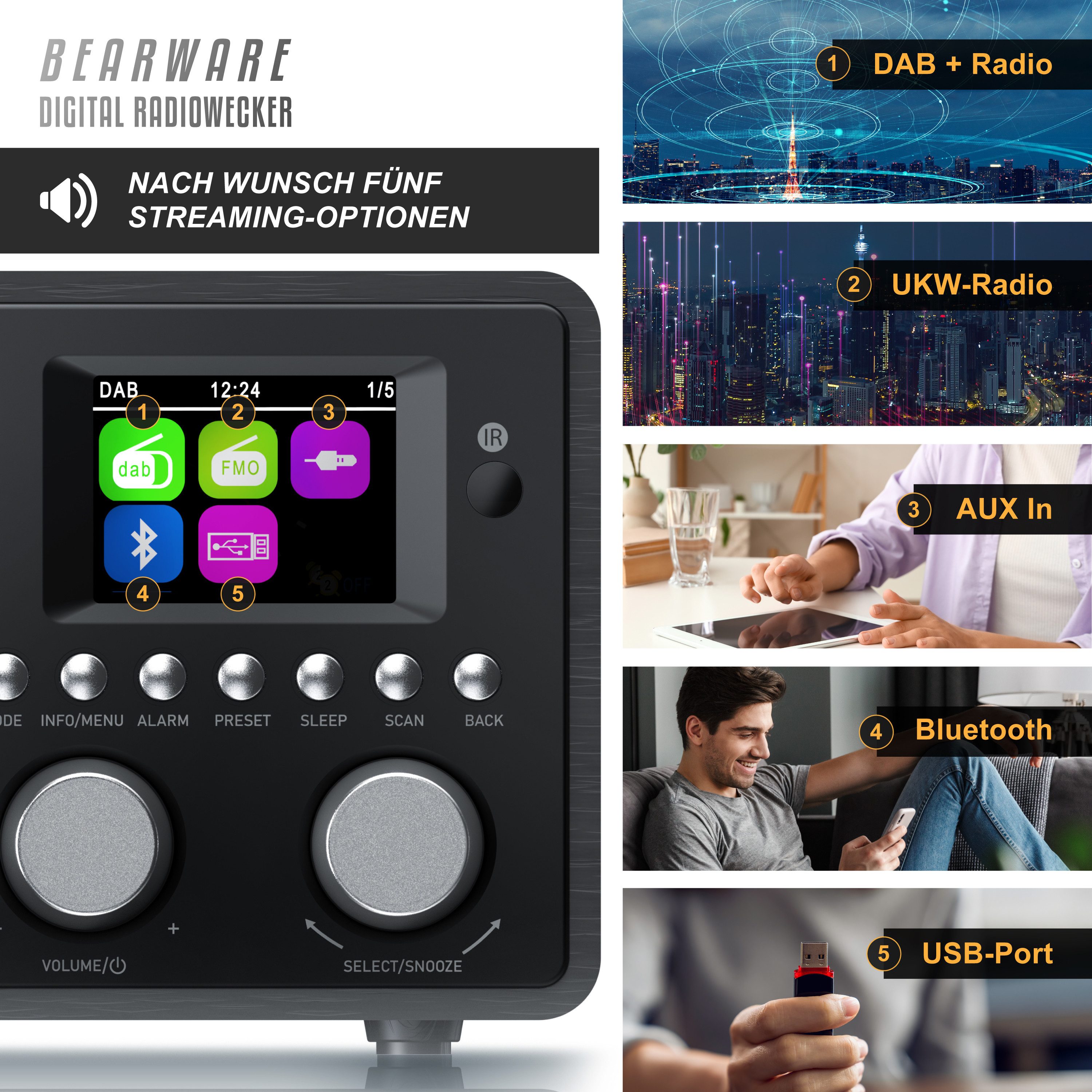 BEARWARE Radio mit TFT Display, UKW FM, Wecker, Bluetooth, Küchenradio digital Digitalradio (DAB) (Digitalradio (DAB), FM-Tuner, Automatischer & manueller Suchlauf, Equalizer, DAB, USB, AUX IN, Alarm)