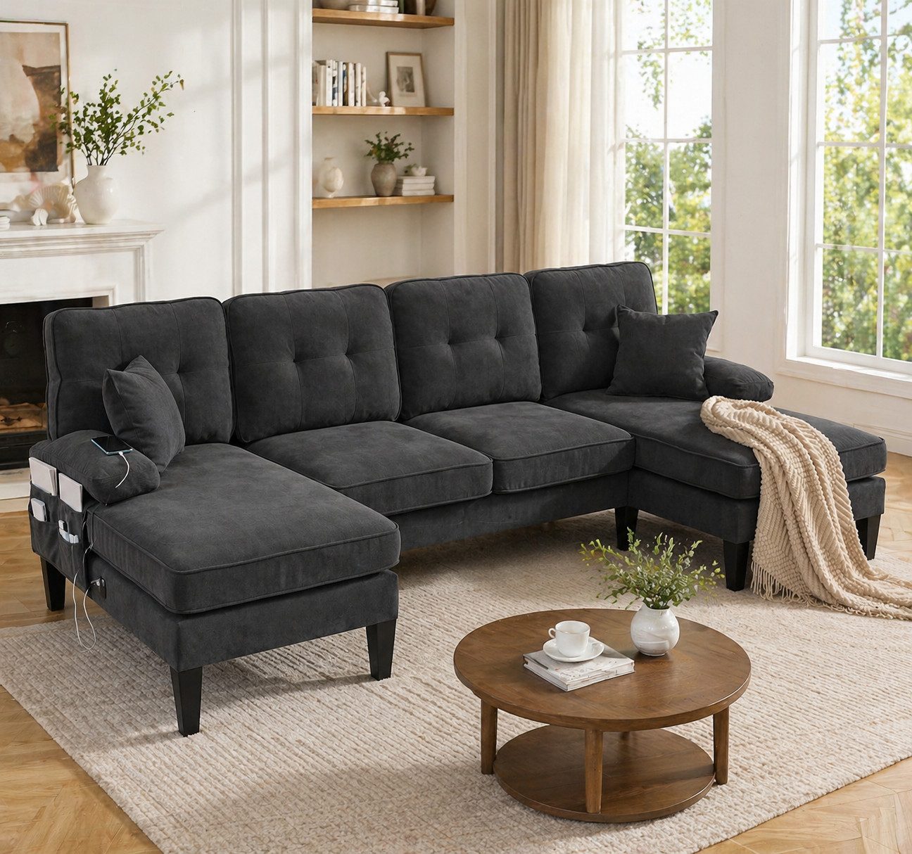 TavilaEcon Ecksofa Modernes 4-Sitzer U-Sofa mit Doppel-Chaise-Longue, 1 Teile, aus weichem Leinenstoff, mit komfortabler Polsterung