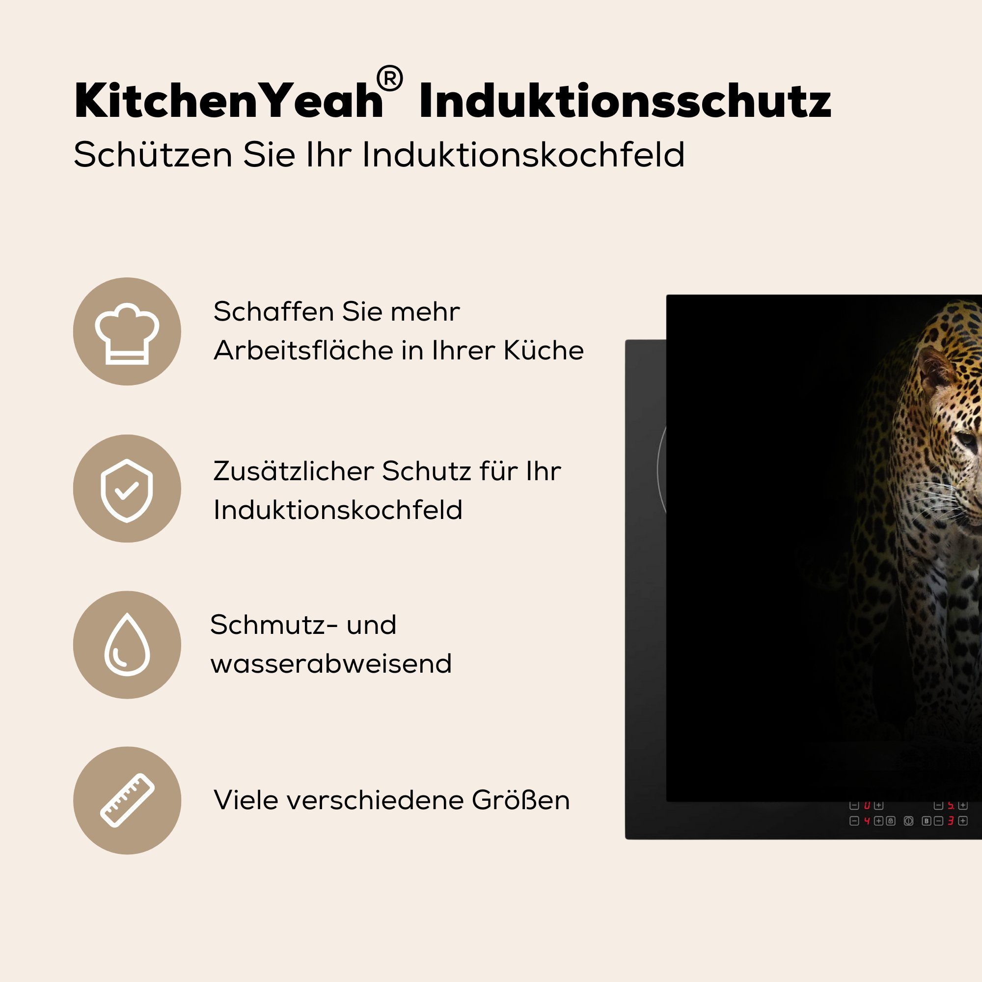 cm, - (1 Reflexion tlg), Induktionsmatte küche, - Schwarz, für die Vinyl, Ceranfeldabdeckung Herdblende-/Abdeckplatte MuchoWow 59x52 Leopard