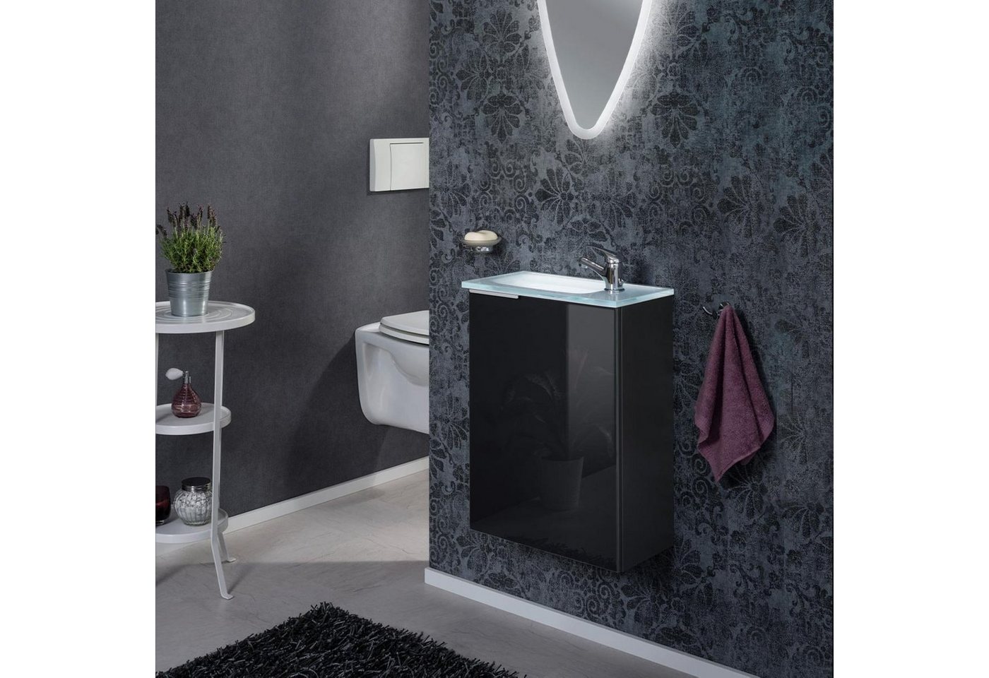 Thumbnail - FACKELMANN Waschbecken KARA Gäste WC Set 3-teilig 45 cm, Anthrazit, rechts, Glas Weiß