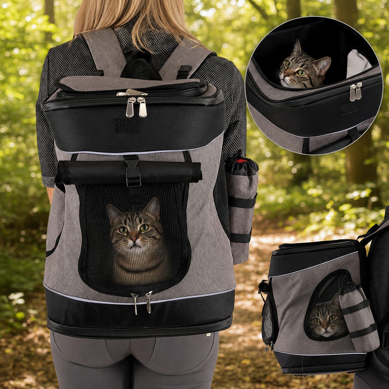 belviona Rucksack für Katzen bis 10 kg, mit Regenschutz, grau/schwarz (1-tlg), mit Belüftung, Trinkflaschenfach & Regenschutz – Bild 3 von 5