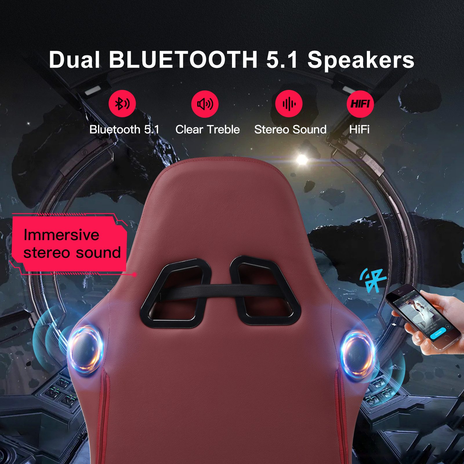 GTPLAYER Gaming-Stuhl ergonomischer Bürostuhl mit HIFI Stereo Lautsprecher, Verbindungsarmlehen beeindrukende Klang-atmosphäre