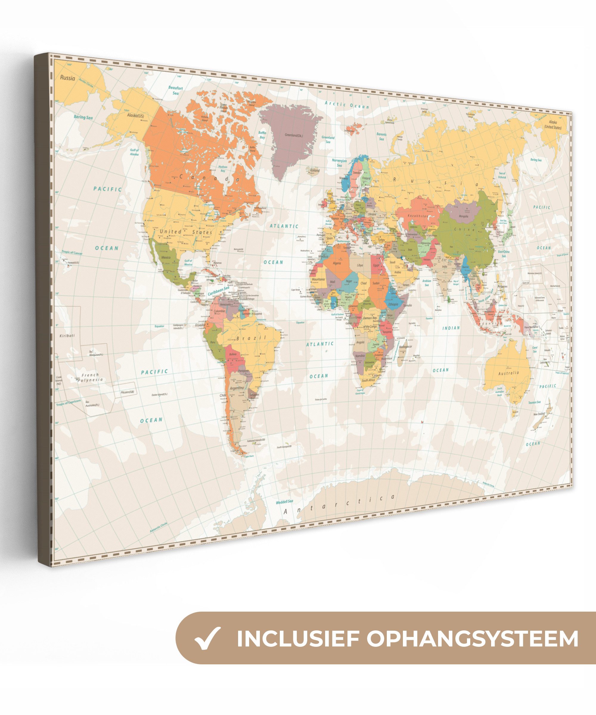 OneMillionCanvasses® Leinwandbild Weltkarte - Retro - Farben - Pädagogisch - Statistisch, Fotodruck (1 St), Leinwand Bilder Klein, Wand Dekoration Aesthetic 30x20 cm