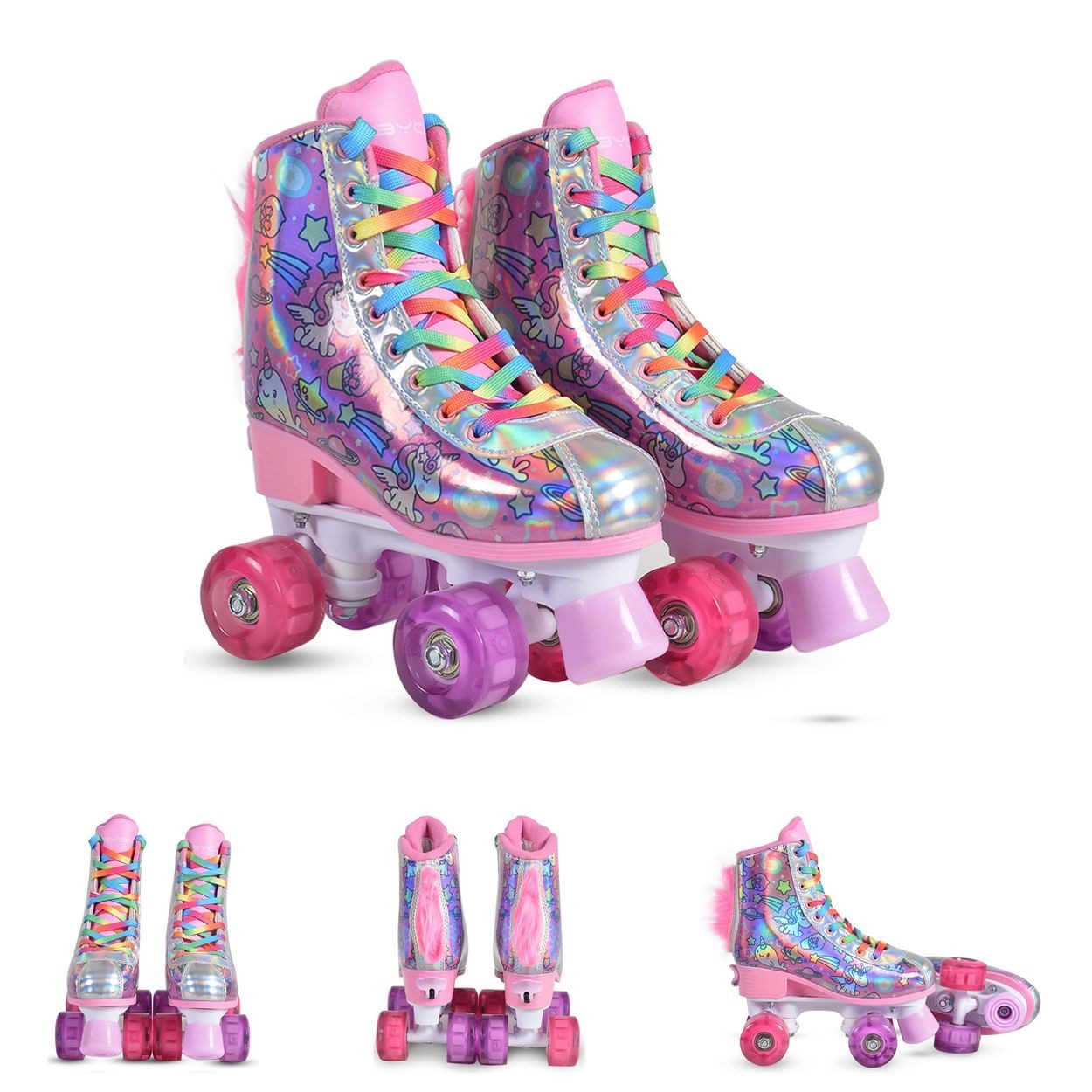 Byox Rollschuhe Einhorn, PU-Räder beleuchtet, ABEC-5 Lager, Bremse, Regenbogenpuschel