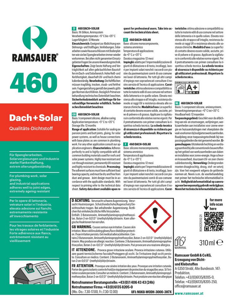 Thumbnail - Ramsauer Dichtstoff Ramsauer 460 Dach und Solar Silikon Dichtstoff 310ml Kartusche grau, gebrauchsfertig, Auch geeignet ...