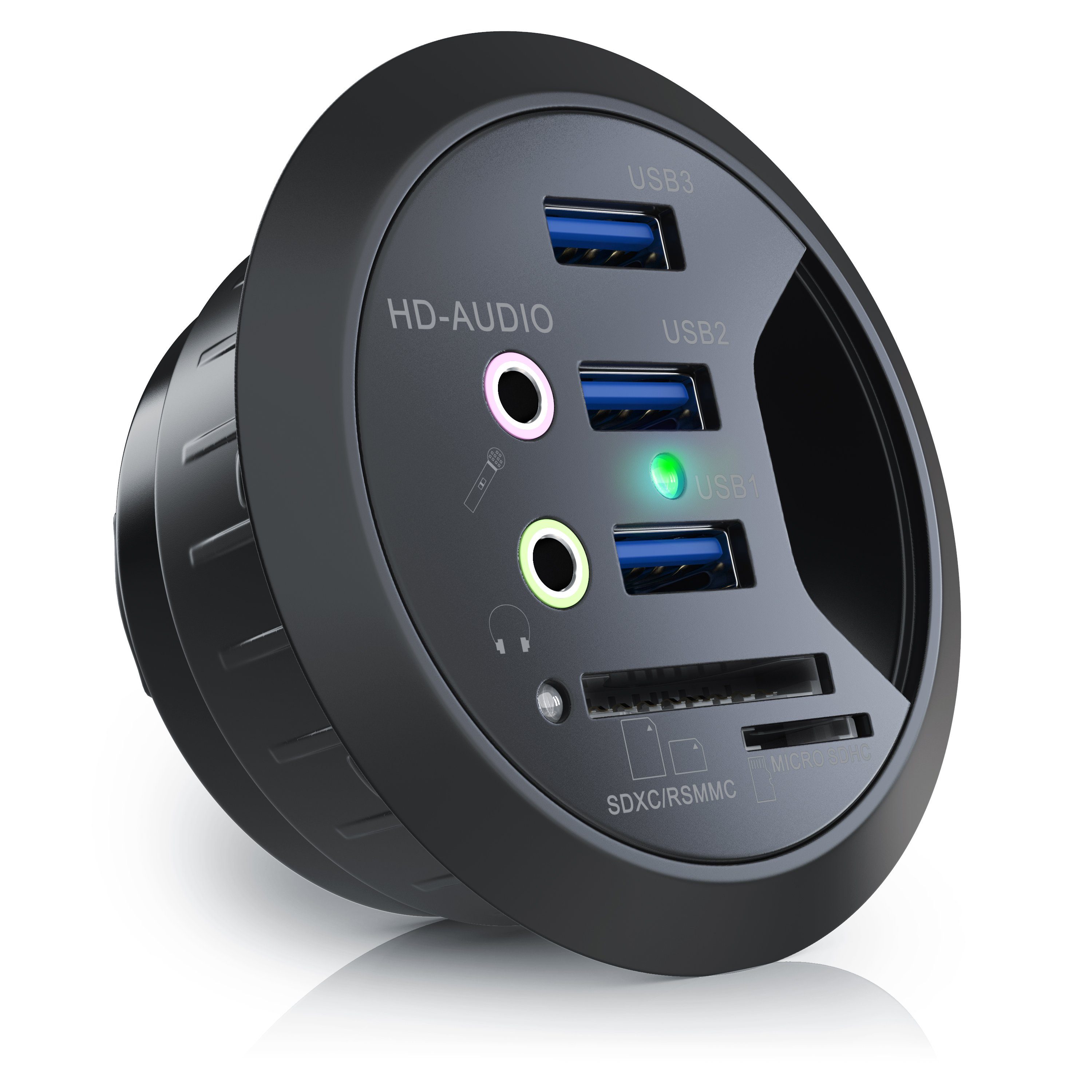 CSL Tisch USB Hub, Kartenleser, Aux, 3xUSB 3.2 Gen1, 2x3,5mm, microSD SDXC Computer-Adapter, für Kabeldurchführung, Multi-Cardreader, Tischkabeldose, In Desk Hub