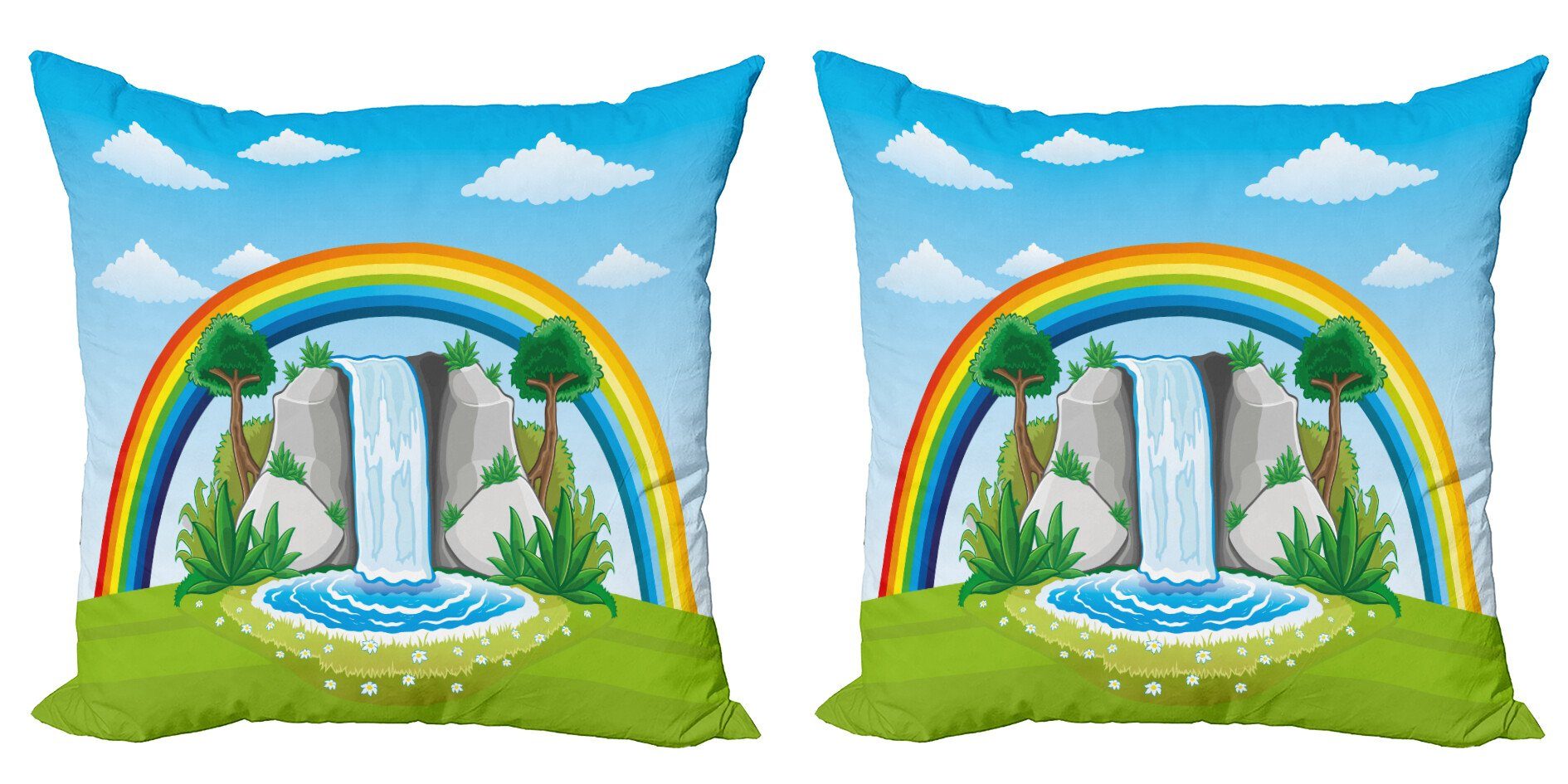Wasserfall Digitaldruck, Oase Accent Regenbogen-Cartoon und (2 Abakuhaus Modern Kissenbezüge Stück), Doppelseitiger