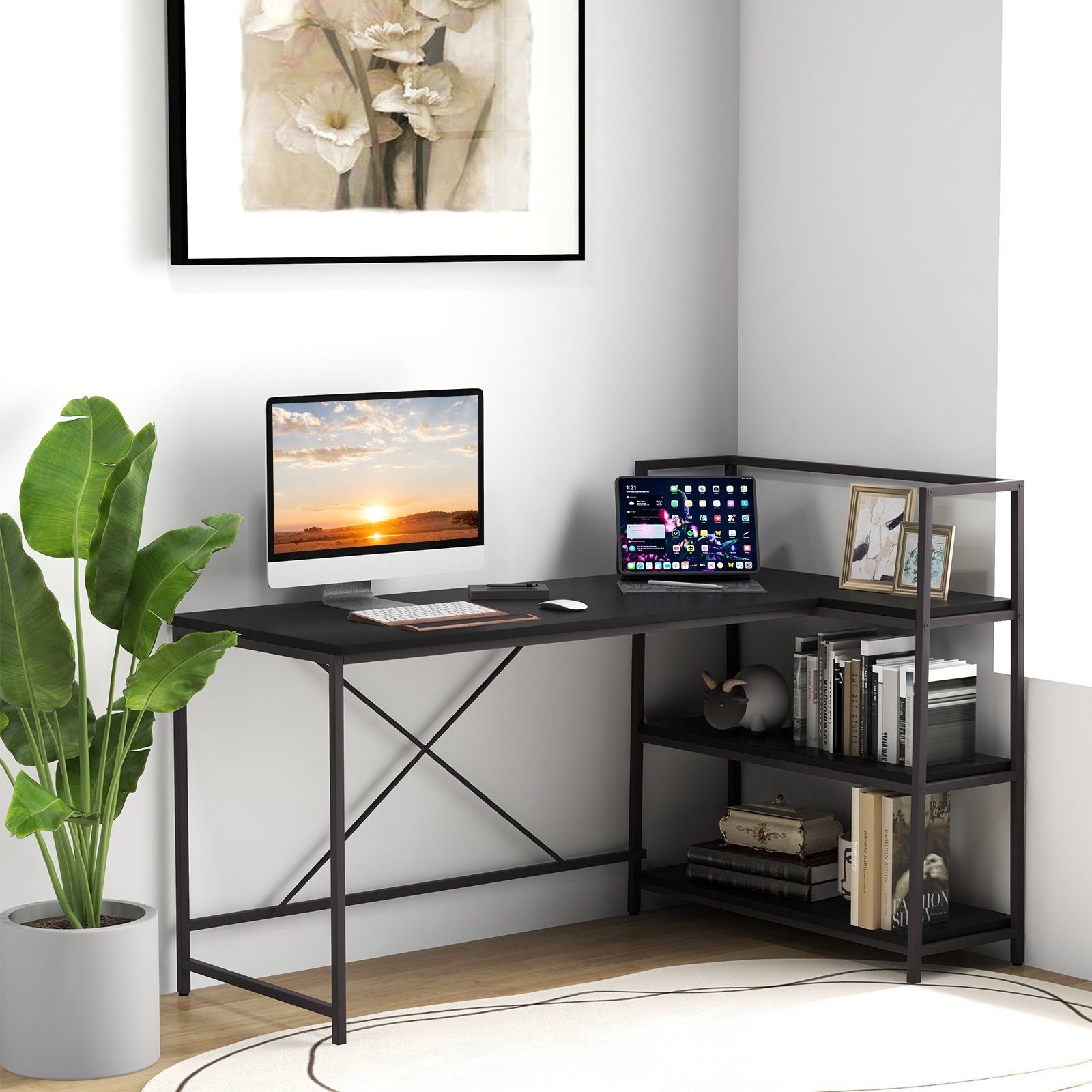 COSTWAY Schreibtisch, L-förmig, mit 148x100x90cm Regalen, Metallgestell, schwarz