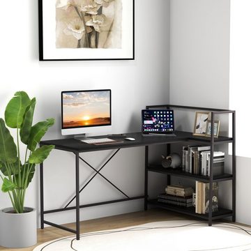 COSTWAY Schreibtisch, L-förmig, mit Regalen, Metallgestell, 148x100x90cm