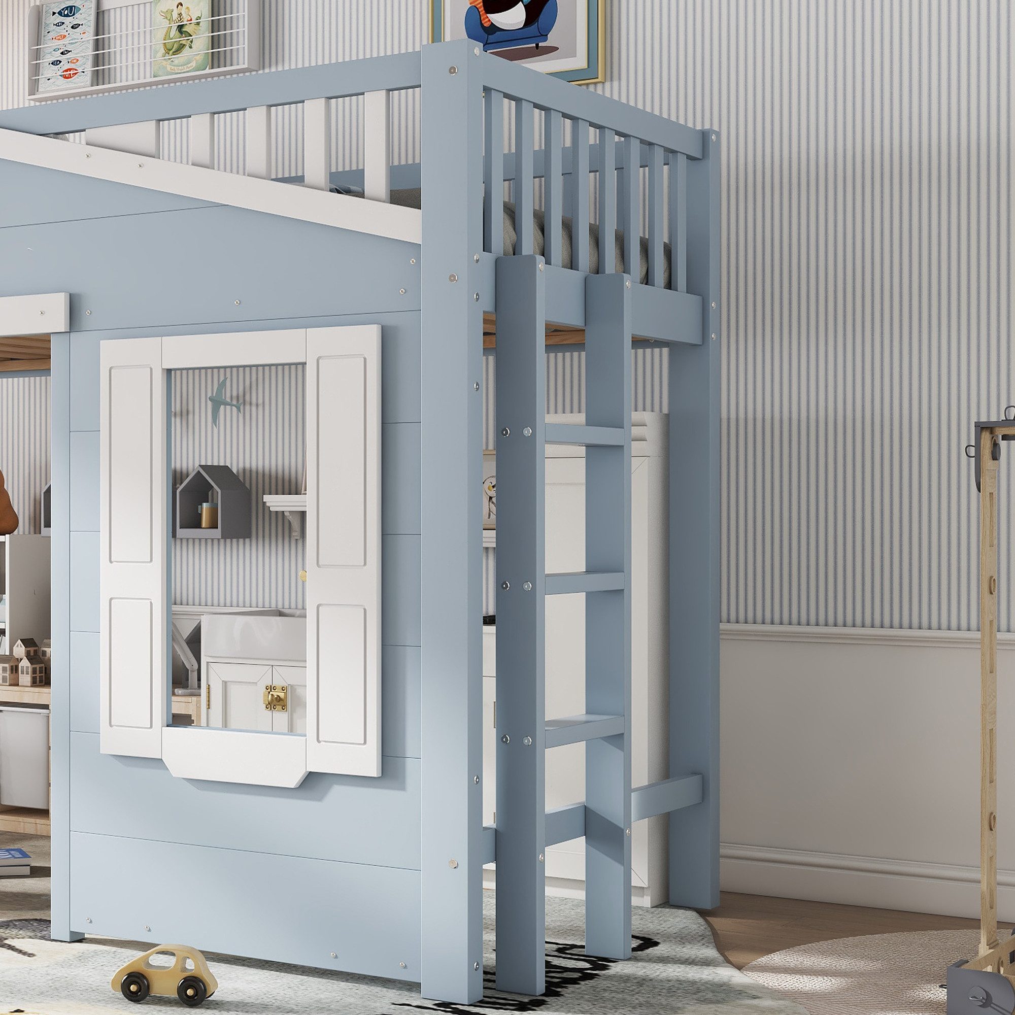 TavilaEcon Hochbett Kinderbett mit schöner Fenstergestaltung und stabilem Leiter (1-St) geeignet für verschiedene Kinderzimmerdekorationen, 90×200cm