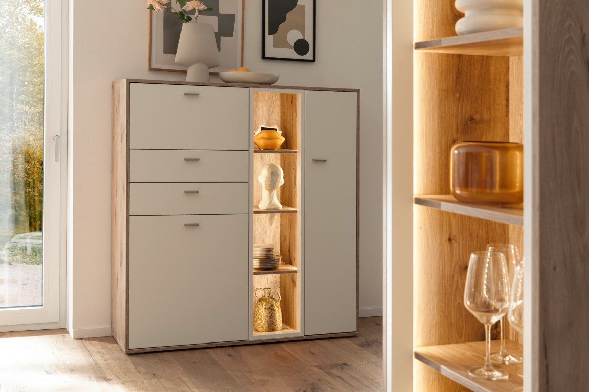 MCA furniture Vitrine Highboard Santerno, Soft white / Viking Oak, ohne Beleuchtung