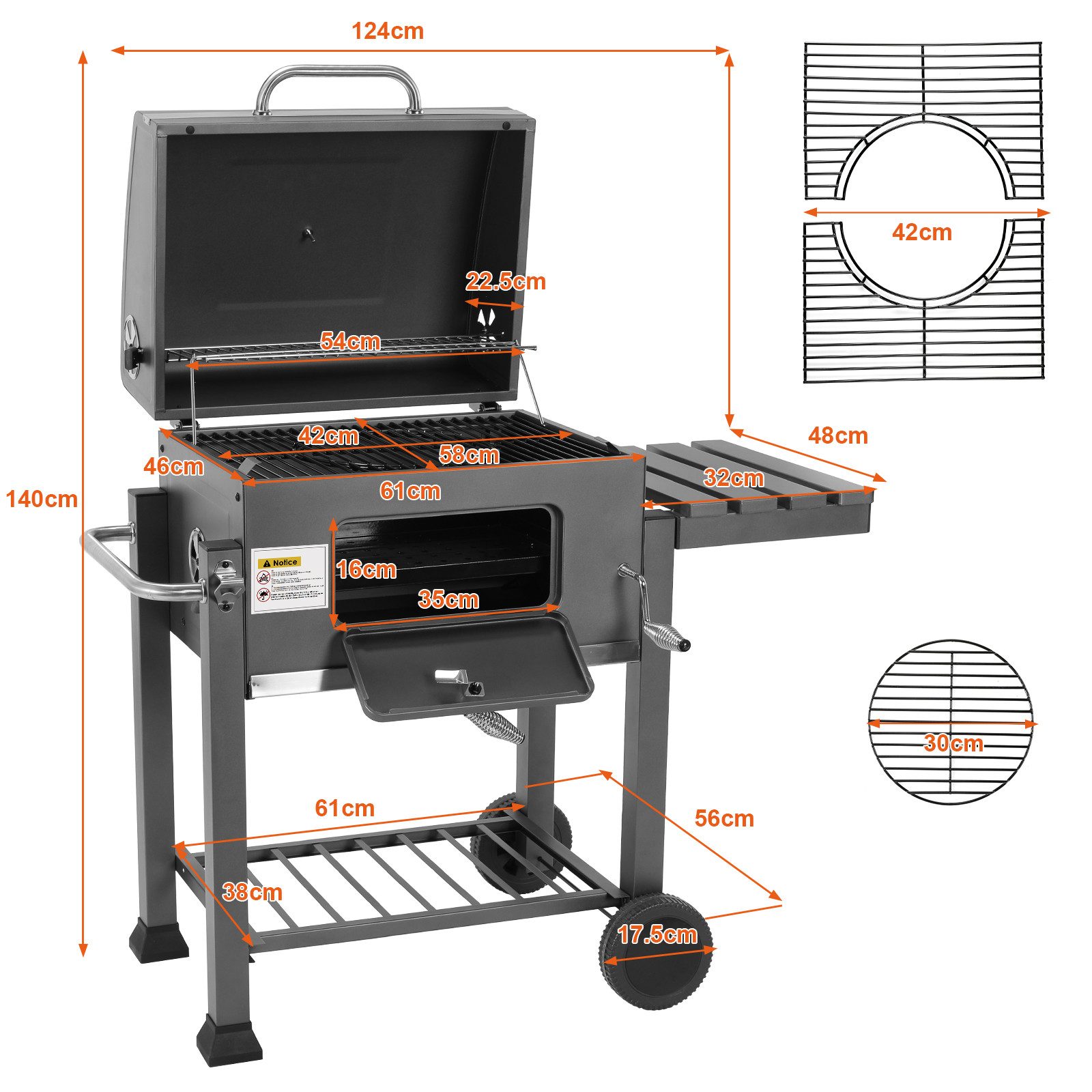 TLGREEN Holzkohlegrill Grillwagen XXL, mit Rädern & Thermometer, Hochwertiger Grillwagen für Garten Camping Picknick, Smoker Grill mit Deckel, Höhenverstellbare – Bild 2 von 5