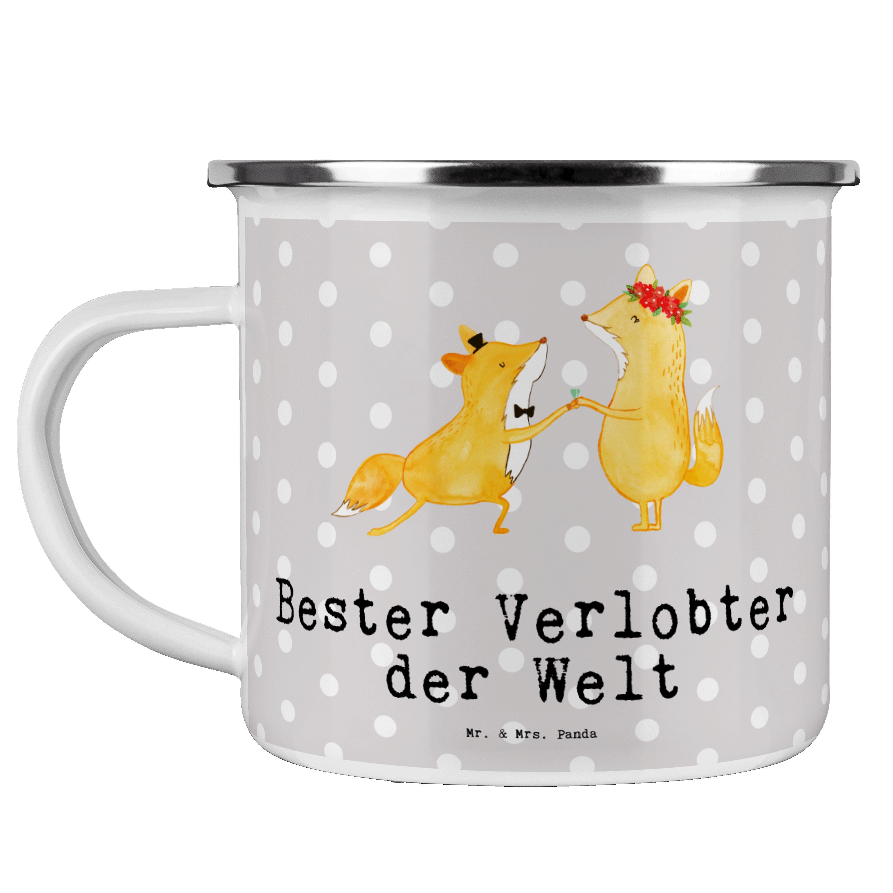 Mr. & Mrs. Panda Becher Fuchs Bester Verlobter der Welt - Grau Pastell - Geschenk, Metalltass, Emaille