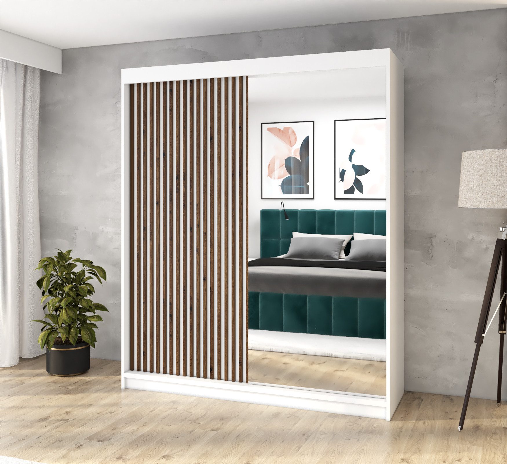 A&J MöbelLand GmbH Schiebetürenschrank MITT 2-türig Schrank mit Spiegel (nur für kurze Zeit! TOP ANGEBOT! Geräumiger Schrank mit viel Stauraum:6 Regalen und 1 Kleiderstange – -ideal zur Aufbewahrung von Kleidung und Accessoires. TOP PRODUKT! Farbe und Größe (120 cm, 160 cm, 180 cm) zur Auswahl -wählen Sie das ideale Modell für Ihr Schlafzimmer!, Kleiderschrank mit Regalen) Breite: 120 cm, 160 cm, 180 cm Höhe: 215 cm, Tiefe: 59,5 cm