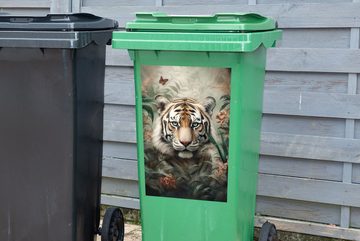 MuchoWow Wandsticker Tiger - Schmetterlinge - Tiere - Dschungel - Blumen (1 St), Mülleimer-aufkleber, Mülltonne, Sticker, Container, Abfalbehälter