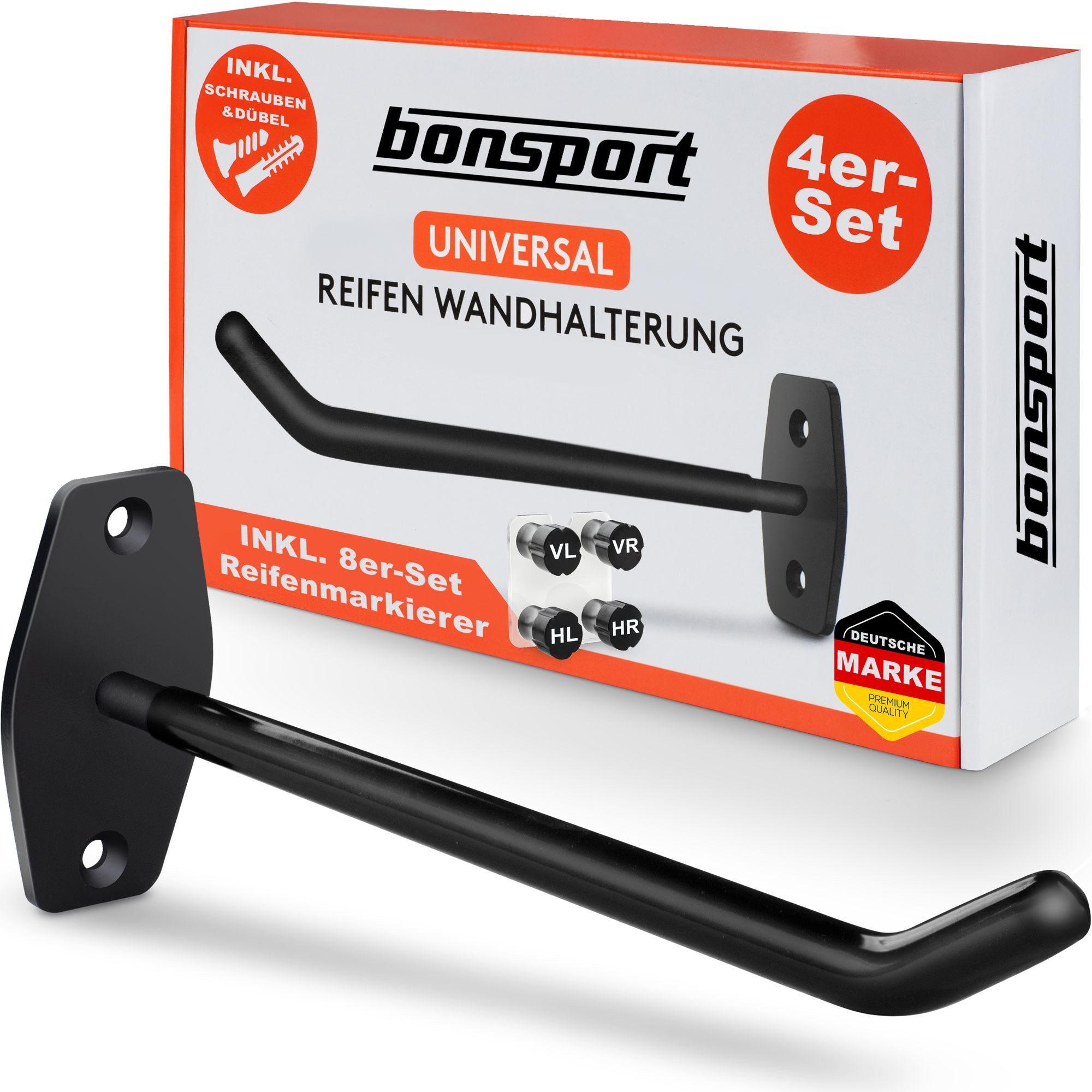 bonsport Wandhaken 4er-Set Reifenwandhalterung Haken inkl. 8er-Set Reifenmarkierer