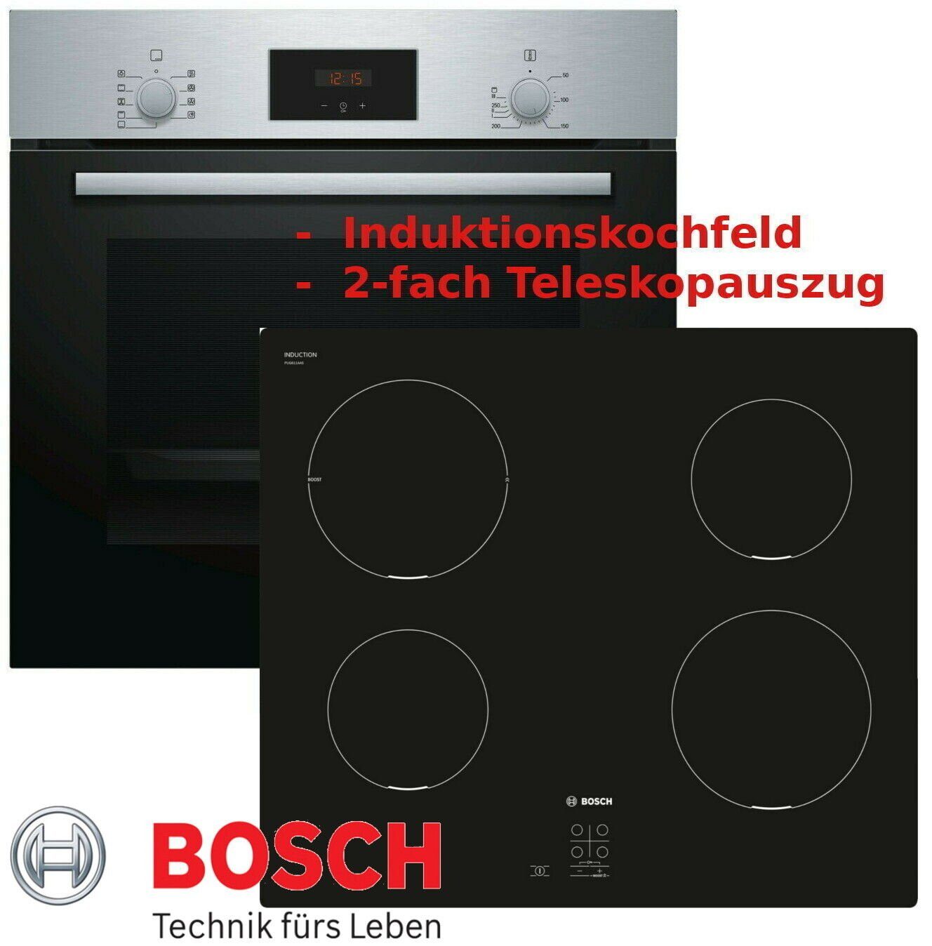 BOSCH Induktions Herd-Set Autark Einbau Backofen Silber und Kochfeld, 2-fach-Teleskopauszug, mit 2-fach-Teleskopauszug