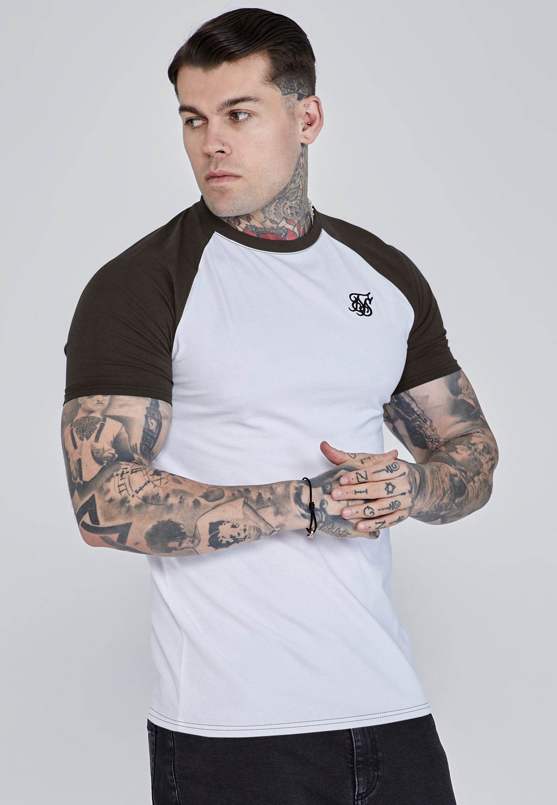 Siksilk T-Shirt SikSilk Herren Weiß and Braun Raglan T-Shirt