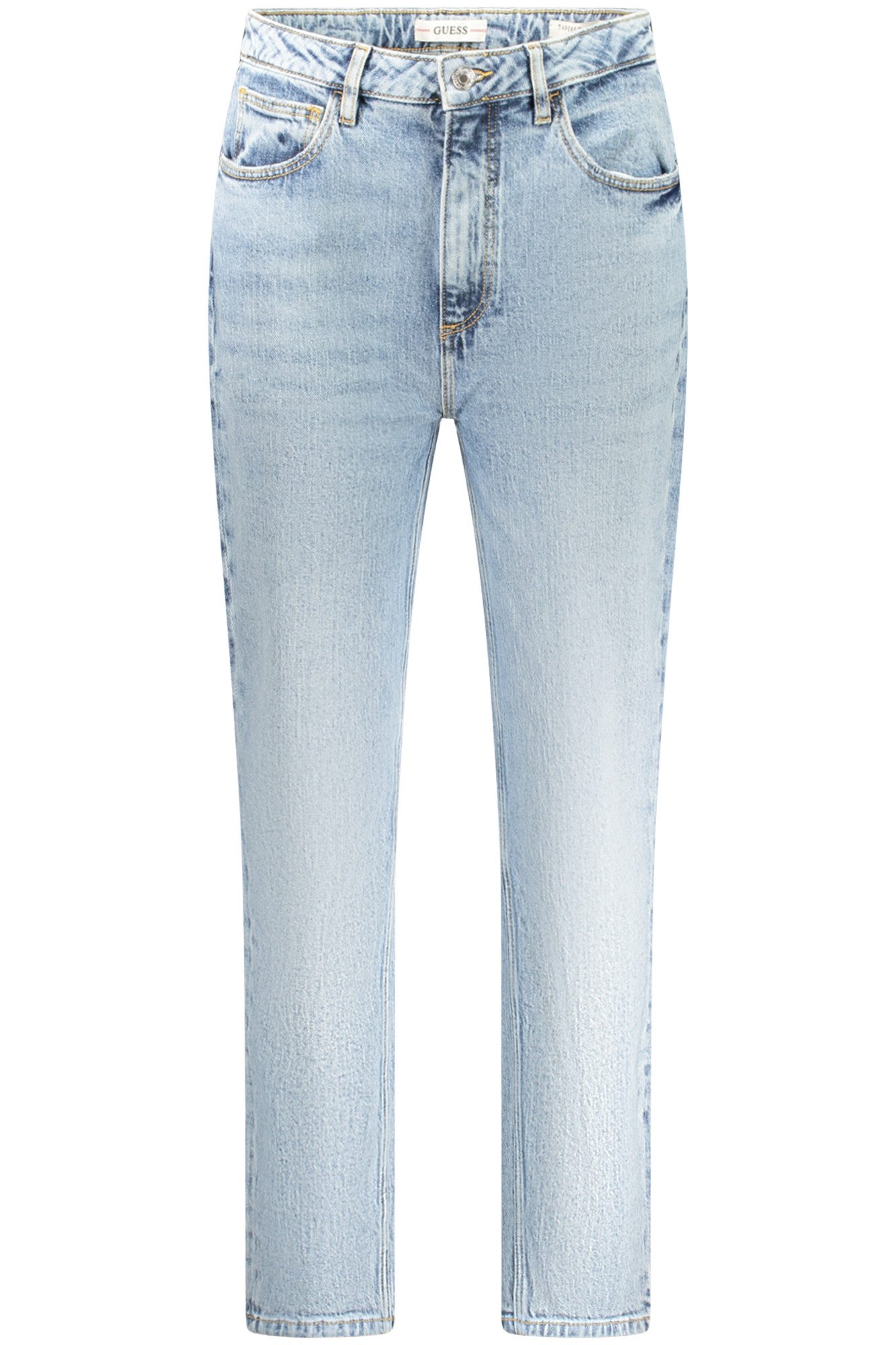 GUESS JEANS 5-Pocket-Jeans Nachhaltige Damen Mom-Jeans Blau mit Used-Effekt und hohem Bund