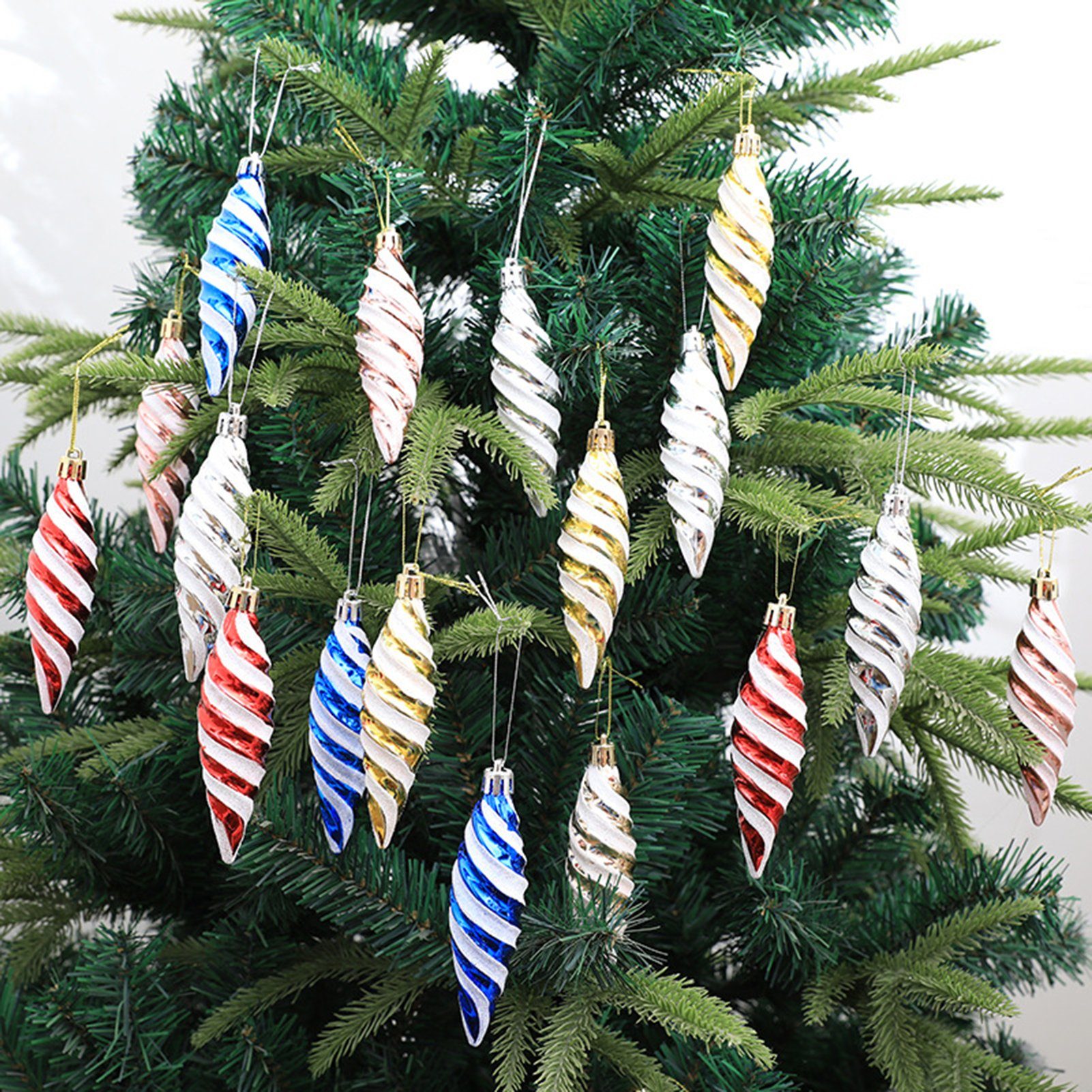 Schlüsselbändern Spitzer (Bemalte Gold Rutaqian Weihnachtsbaum-Anhänger Stück Leuchtende mit Dekohänger 12 Spiralanhänger Farben) Spiralfaden Hängedekoration