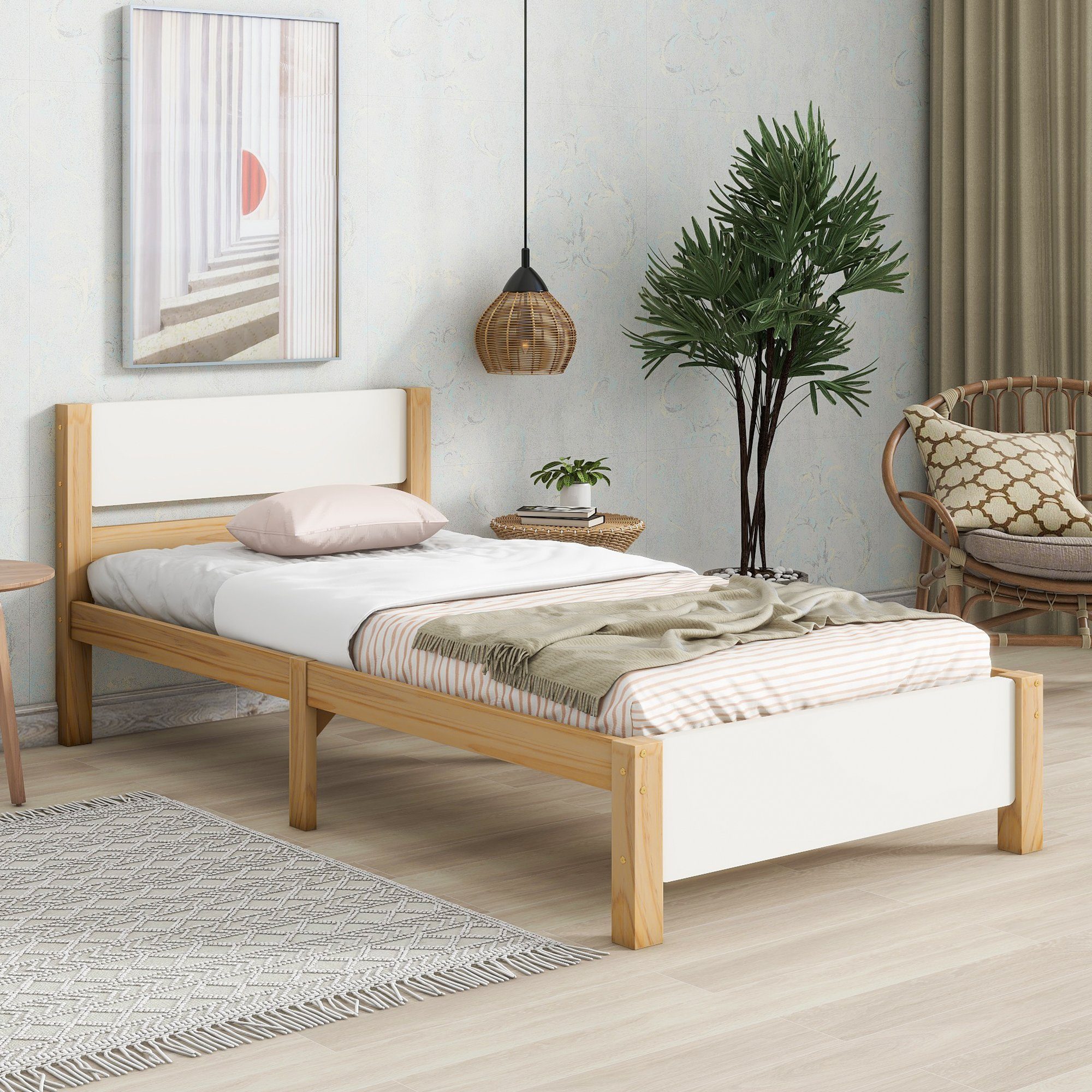 Massivholzbett, Einzelbett mit Kopfteil und Lattenrost, Futonbett 90x200cm