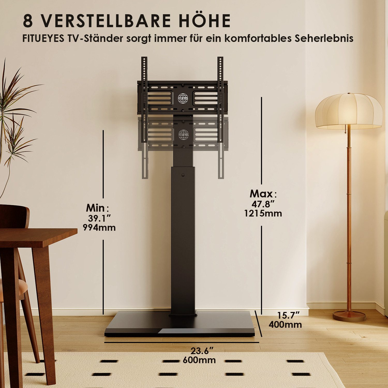 FITUEYES TV-Ständer ±30° schwenkbar, höhenverstellbar, 32-65 Zoll, (bis 65 Zoll, Metallbodenplatte) – Bild 4 von 5