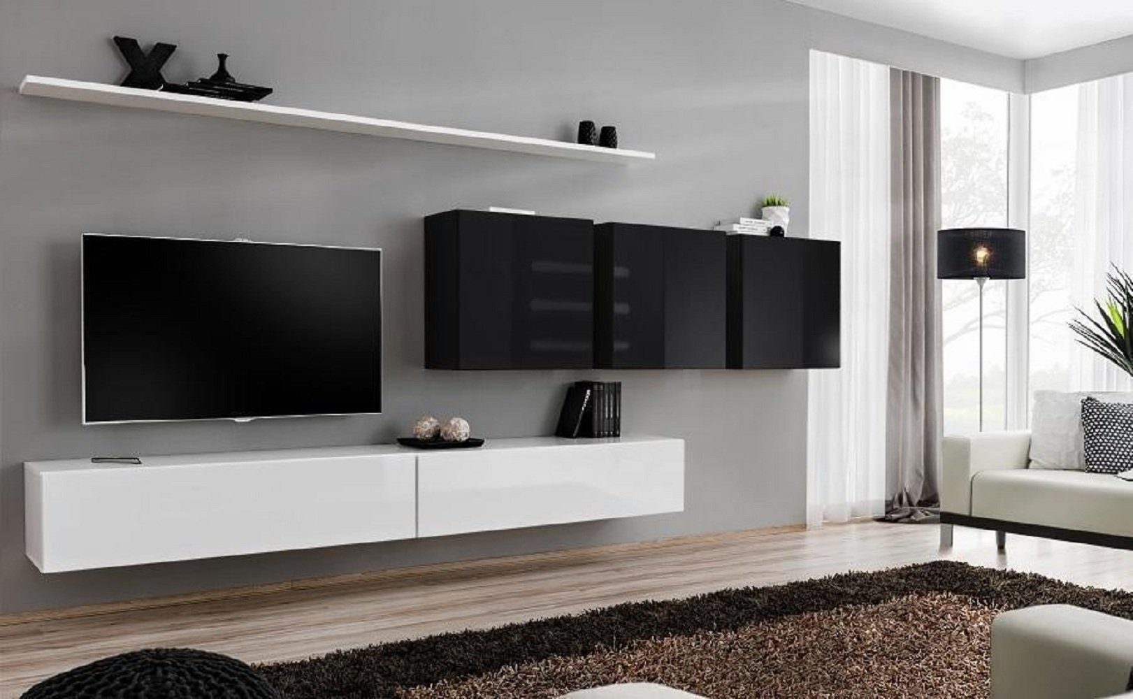 JVmoebel Wohnzimmer-Set Weiß Wohnwand 2x TV-Ständer Sideboard Wohnzimmermöbel Wandschrank, (8-St., 1x Wohnwand + 2x TV Ständer + 3x Wandschrank + 2x Wandregal), Made in Europa