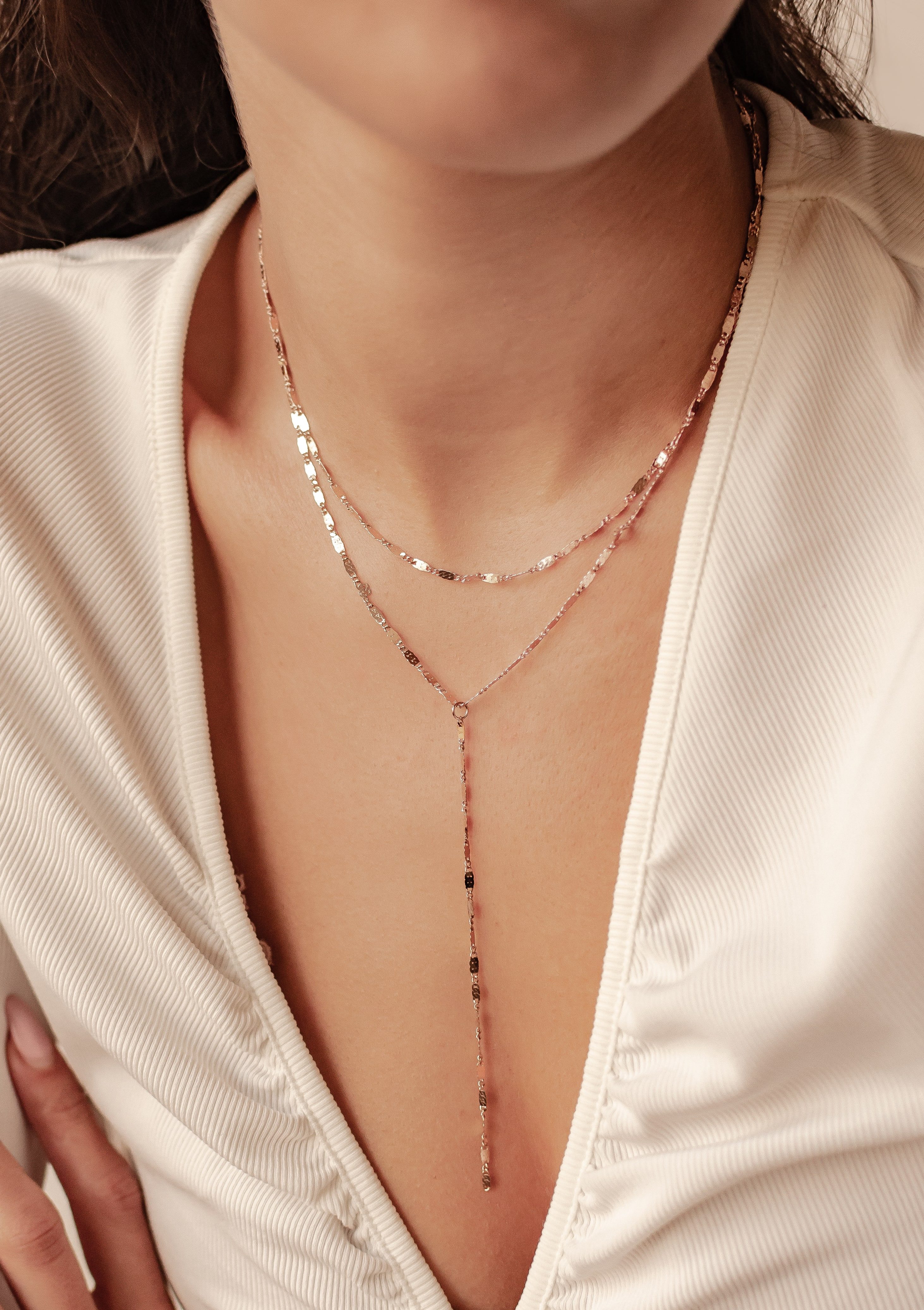 Hey Happiness Y-Kette mit Plättchen, Wasserfeste Edelstahl Lasso Halskette, Layer Lariat Damen Kette, Vergoldet 18K Roségold