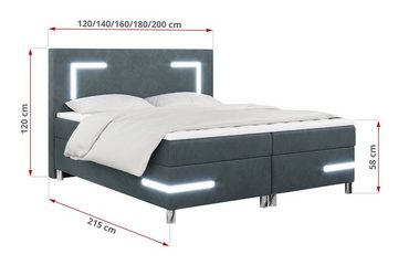 MKS MÖBEL Boxspringbett DEMONTE, Doppelbett mit Multipocket-Matratze - Modern Bett mit Beleuchtung