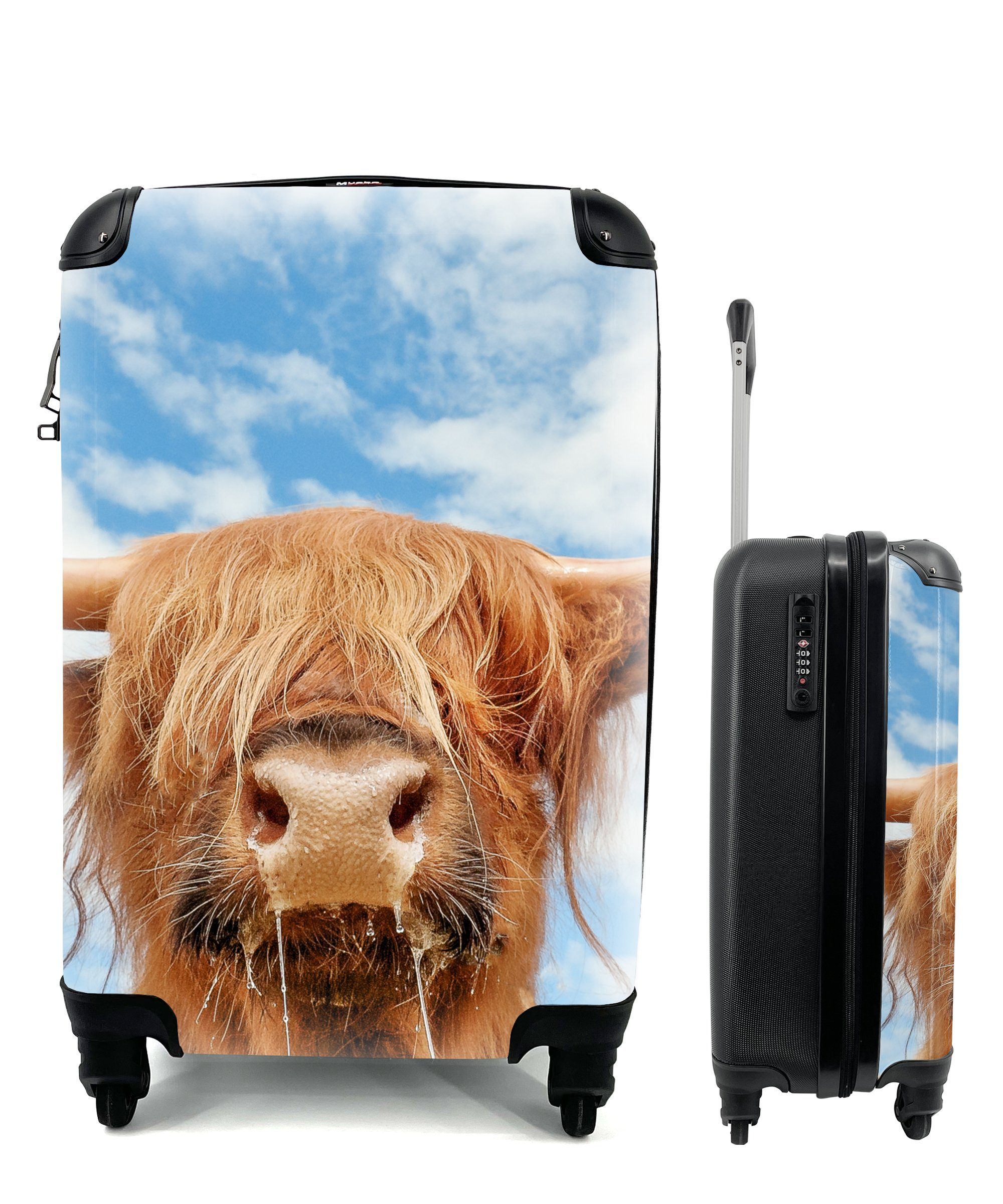 MuchoWow Handgepäckkoffer Schottischer Highlander - Wolke - Tiere, 4 Rollen, Reisetasche mit rollen, Handgepäck für Ferien, Trolley, Reisekoffer