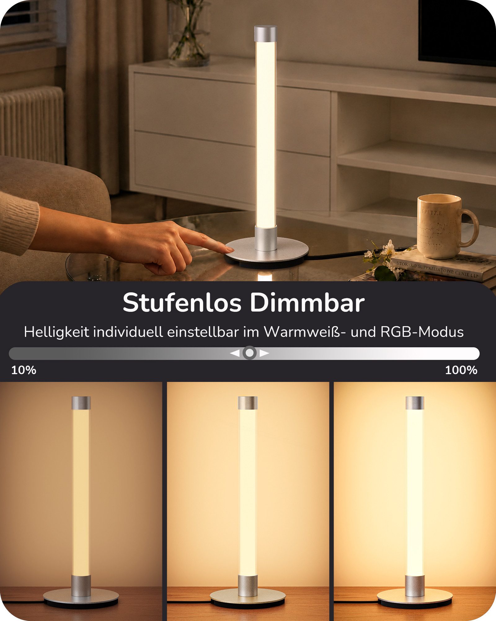 EDISHINE LED Nachttischlampe EDISHINE LED Tischlampe, RGB & Warmweiß, Musik Sync, mit Fernbedienung, LED fest integriert, 7 RGB‑Modi, 3 Musikmodi, Moderne Ambientebeleuchtung für Gaming