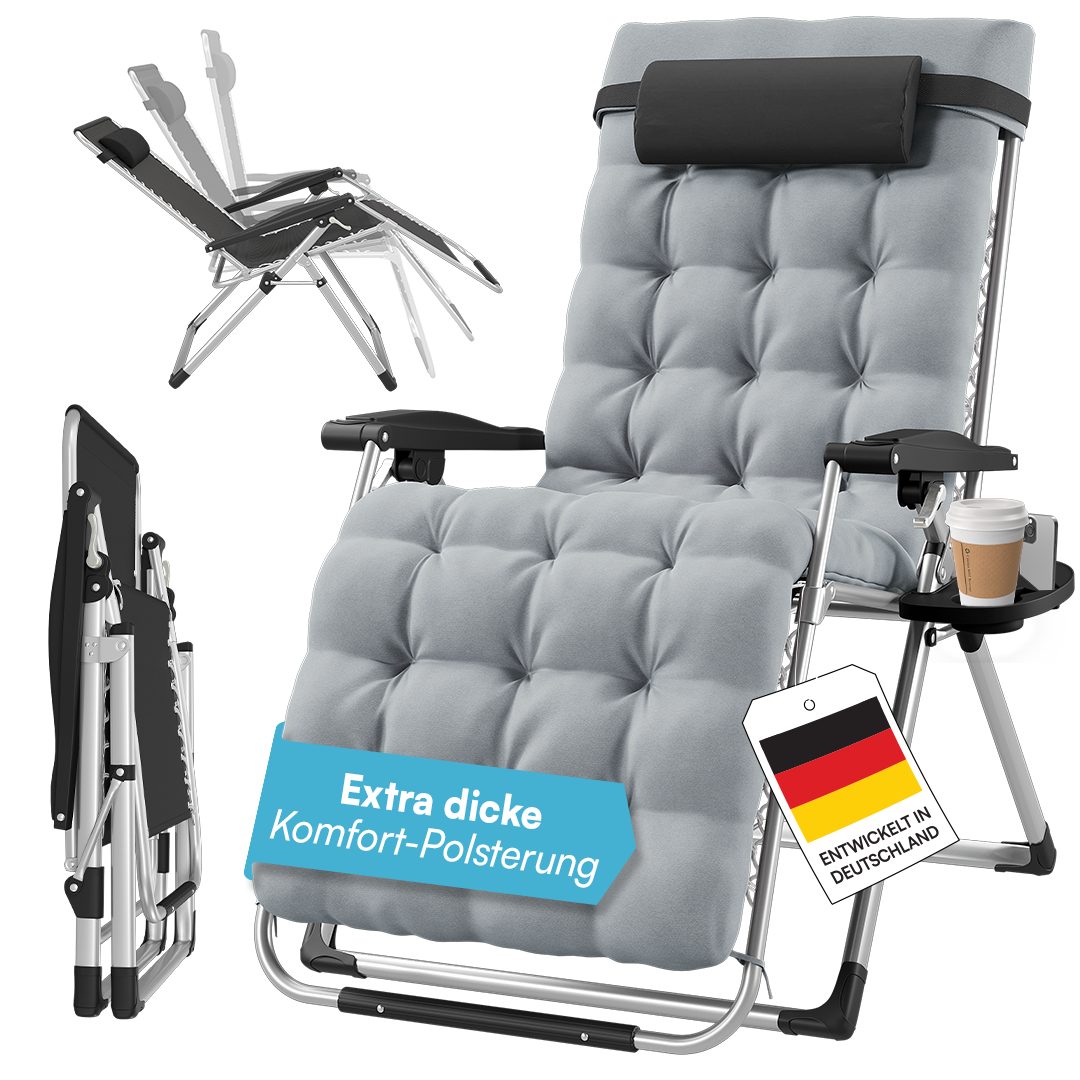 STEELSØN Gartenliege Lysira klappbarer Zero-Gravity-Stuhl, grau/silber, outdoor Liegestuhl, mit atmungsaktiven Polsterauflagen, Sonnenliege mit Getränkehalter