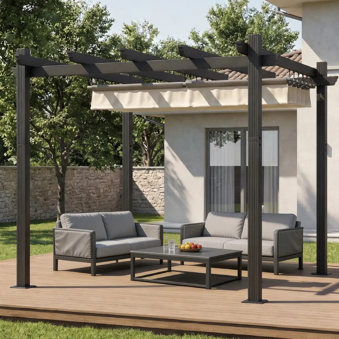 HOMALL Pavillon Pergola 3x3/3x4m Gartenpavillon Pavillon mit Aluminiumrahmen, (Terrassenüberdachung mit Magnetbefestigung für Garten), Manuell verstellbares Schiebedach