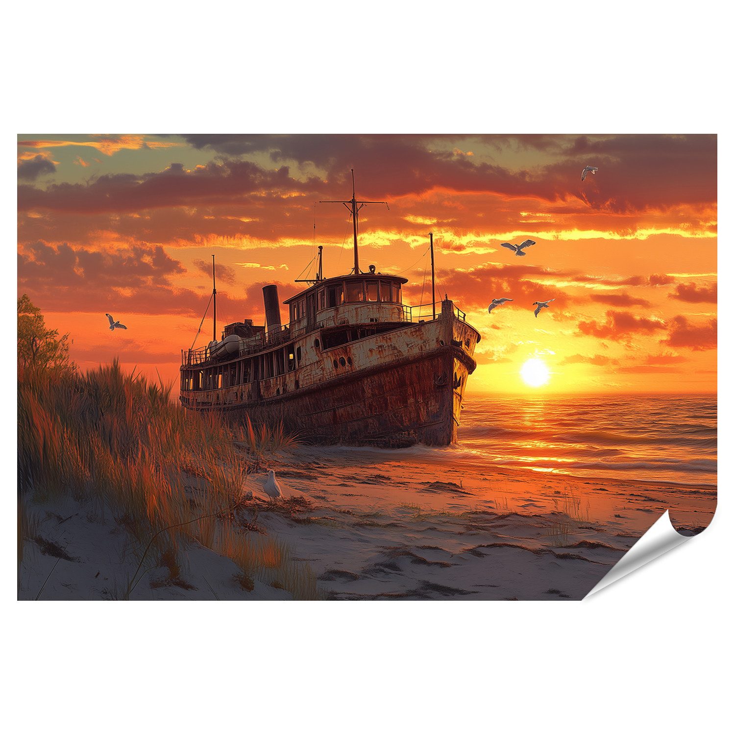 Poster Verlassenes Schiff bei Sonnenuntergang am Strand