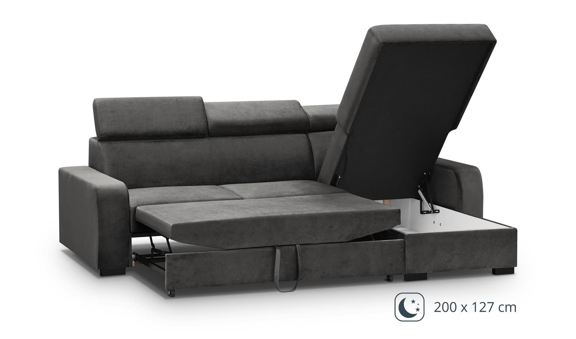 Ecksofa verstellbaren cm Bettkasten, Kopfstützen 22) Schlaffunktion, universelle mit II, mane, Fox Grau (kronos 237 L-Form, Beautysofa