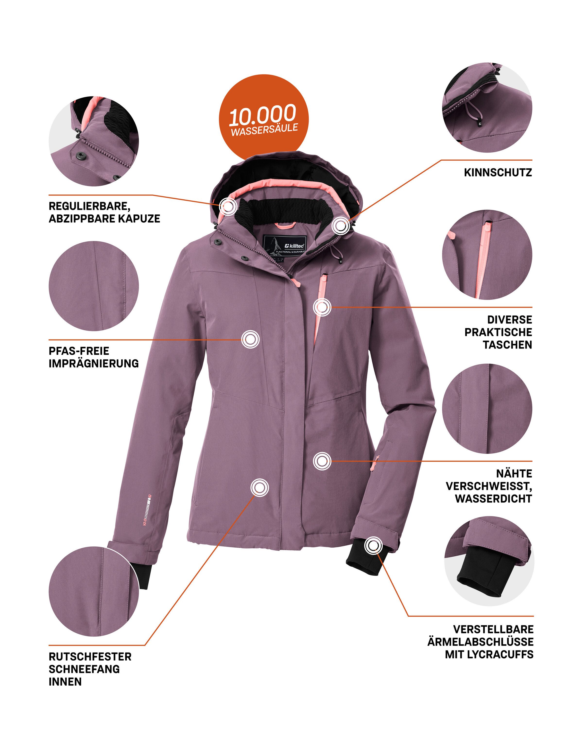Killtec Skijacke KSW 25 WMN SKI JCKT Atmungsaktive, wasserdichte Skijacke mit abnehmbarer Kapuze
