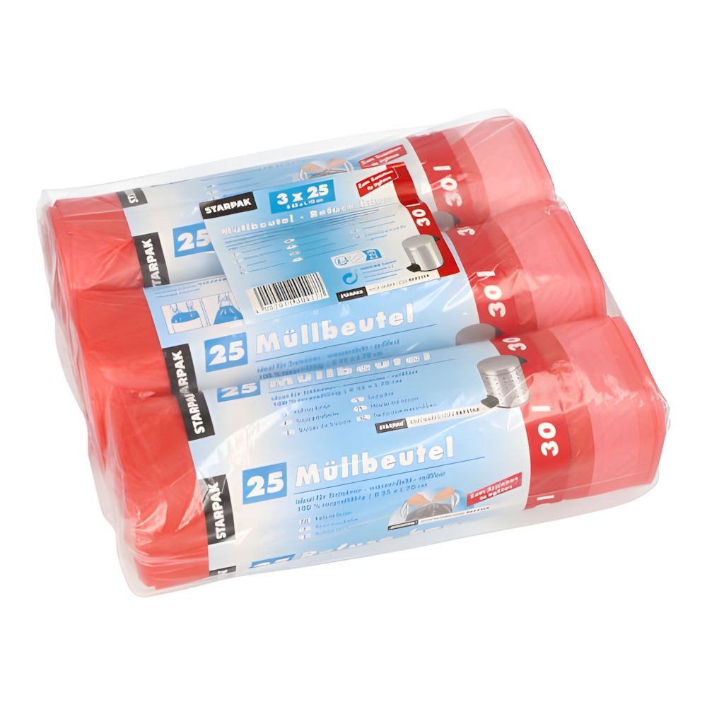 PAPSTAR Müllbeutel Müllbeutel mit Zugband, HDPE 30 l 70 cm x 55 cm rot 17 my 75 Stk