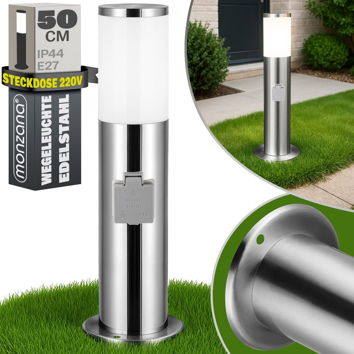 monzana Gartenleuchte, Außenleuchte mit Steckdose, Edelstahl 50cm IP44 Gartenlampe Sockelleuchte Strom E27 Außen Silber