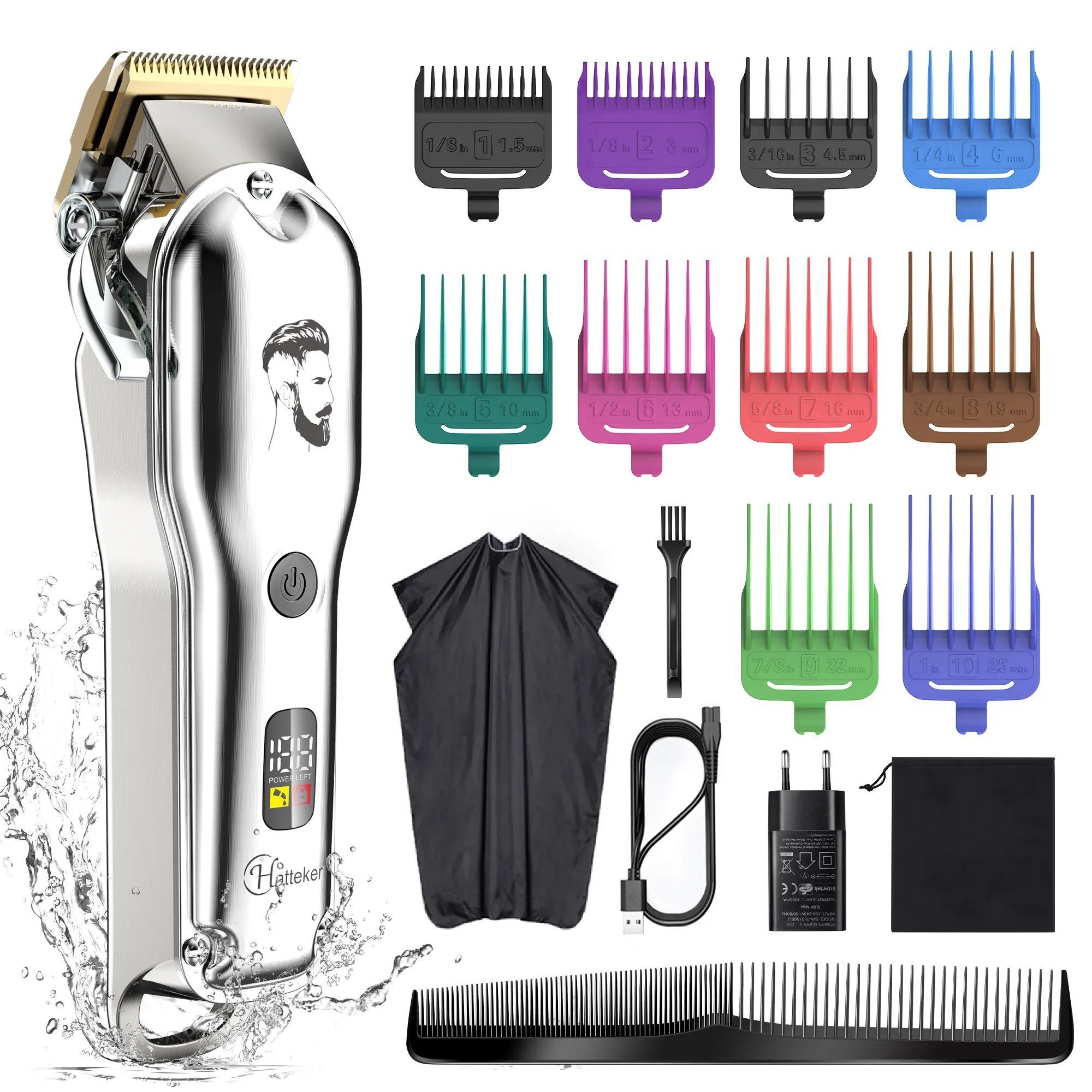 HATTEKER Beauty-Trimmer Professional Barbers Grooming Kit Rechargeable, 2000 mAh, Colorful Combs Hair Clippers, Vollständig waschbar