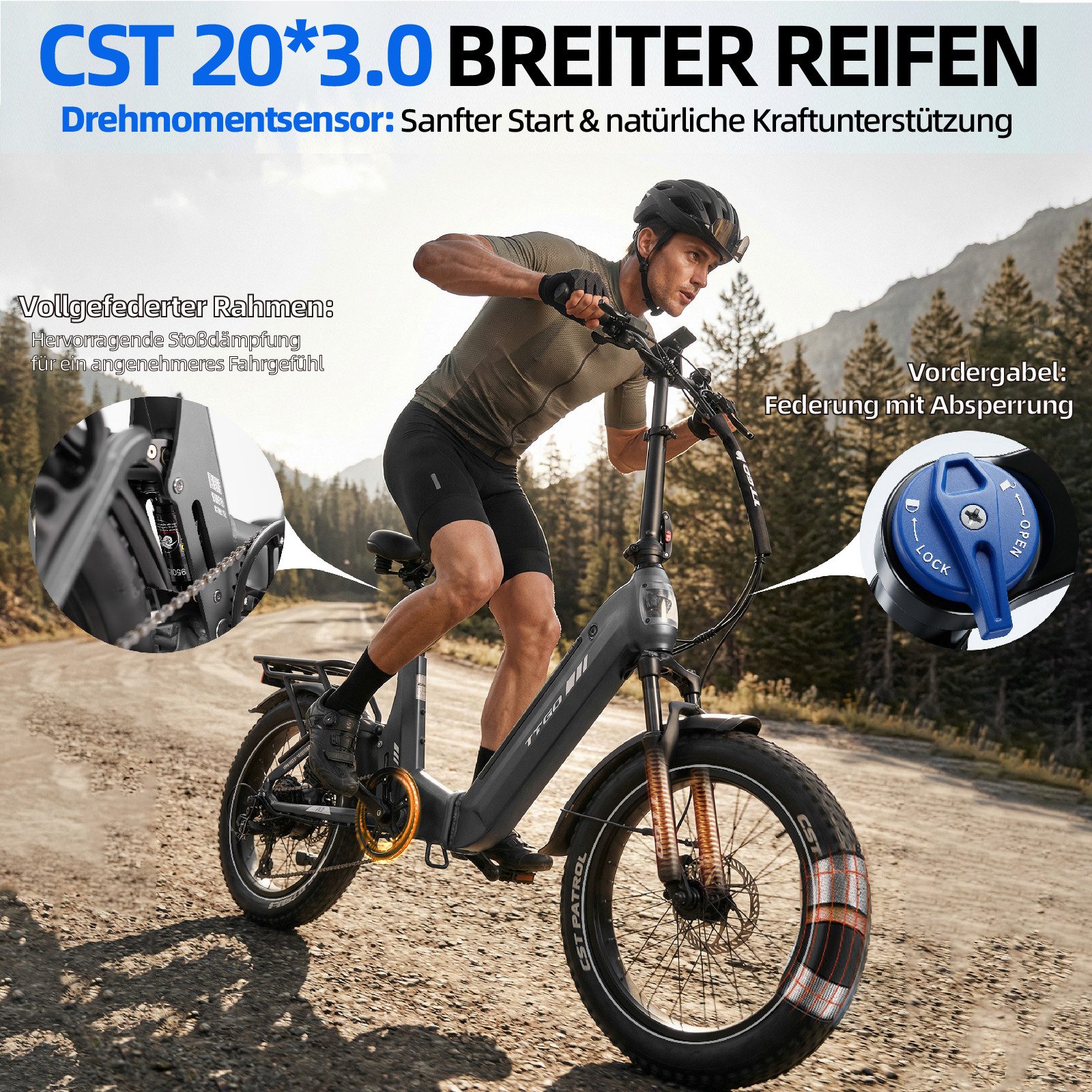 TTGO E-Bike Klapprad 20 Zoll, Fully, Vollfederung, 70Nm Hinterradmotor, 120km, max.150kg, 7 Gang SHIMANO, Kettenschaltung, Heckmotor, 720 Wh, (Softtail, hydr. S – Bild 4 von 5