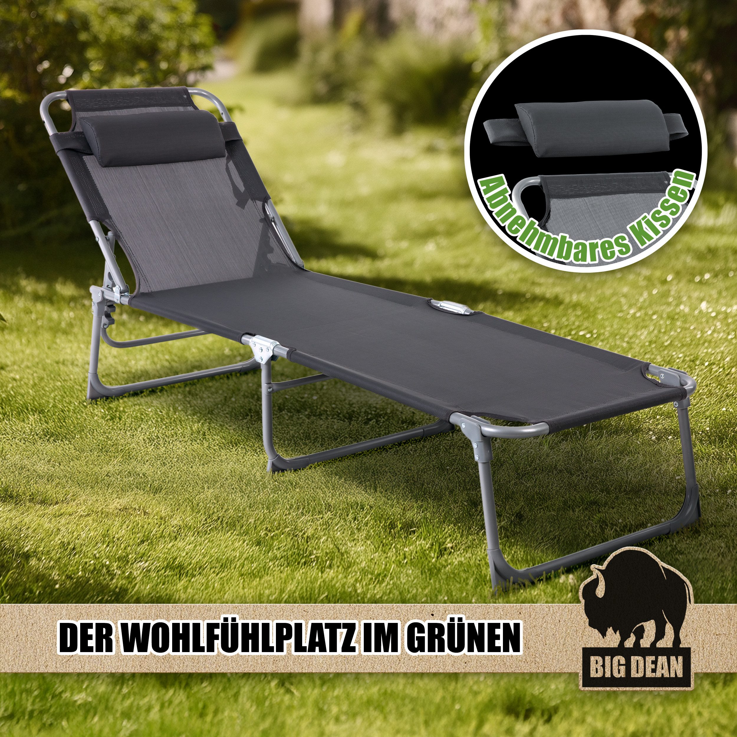 BigDean Gartenliege Sonnenliege klappbar mit Kopfkissen extra hoch dunkelgrau 150 kg, Packung, 1 St., Liege, 3-Bein, Mit Kopfkissen, Garten, Balkon, Strand