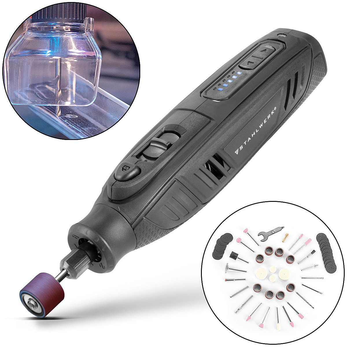 STAHLWERK Akku-Multischleifer Akku Mehrzweckschleifer AMF-80 ST 2.000 mAh, max. 25000 U/min, (Packung, 1 tlg., mit 53-teiligem Zubehör), mit Ladekabel