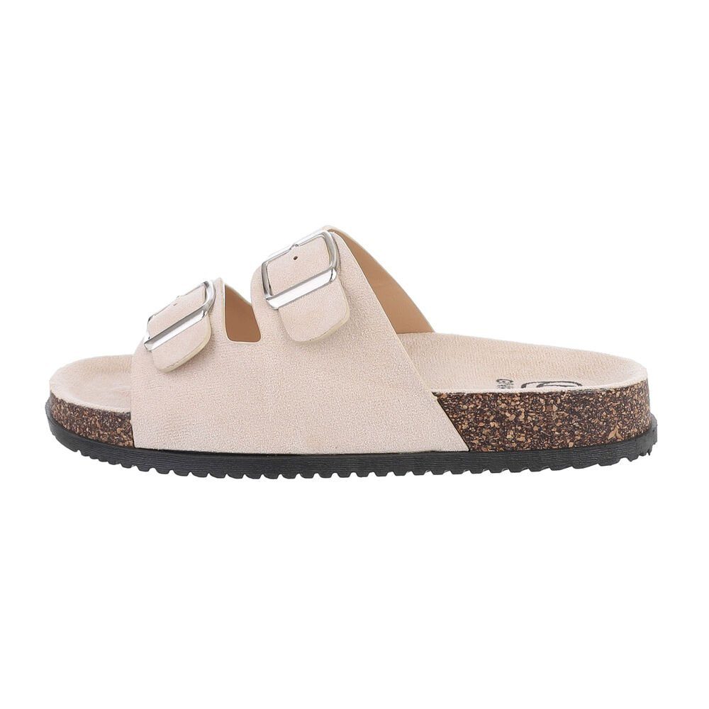 Ital-Design Damen Mules Freizeit Sandalette Beige Pantoletten in Flach