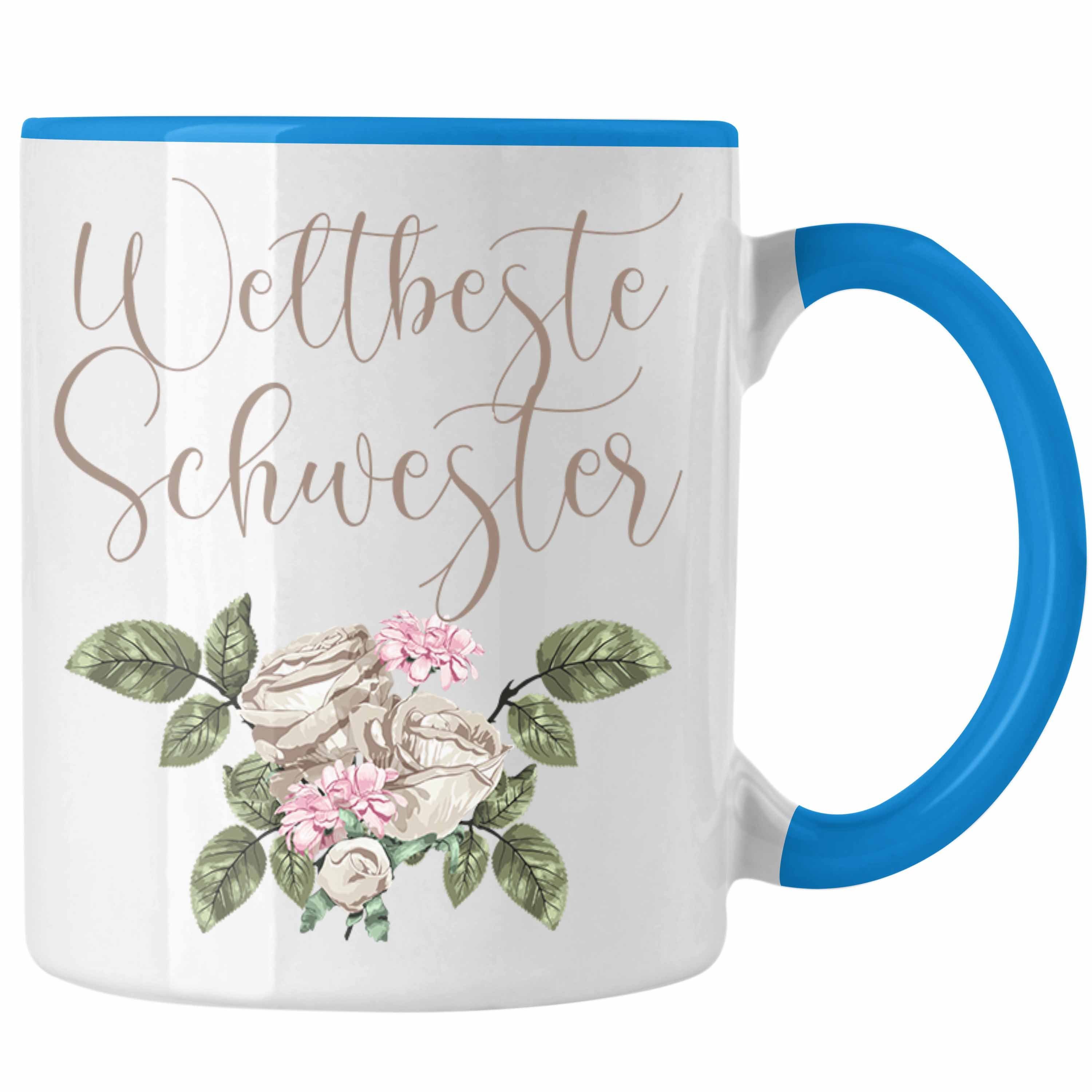 Trendation Tasse Trendation - Weltbeste Schwester Tasse Geschenk Schwesterherz Lustiger Spruch Geburtstag Schwester Blau