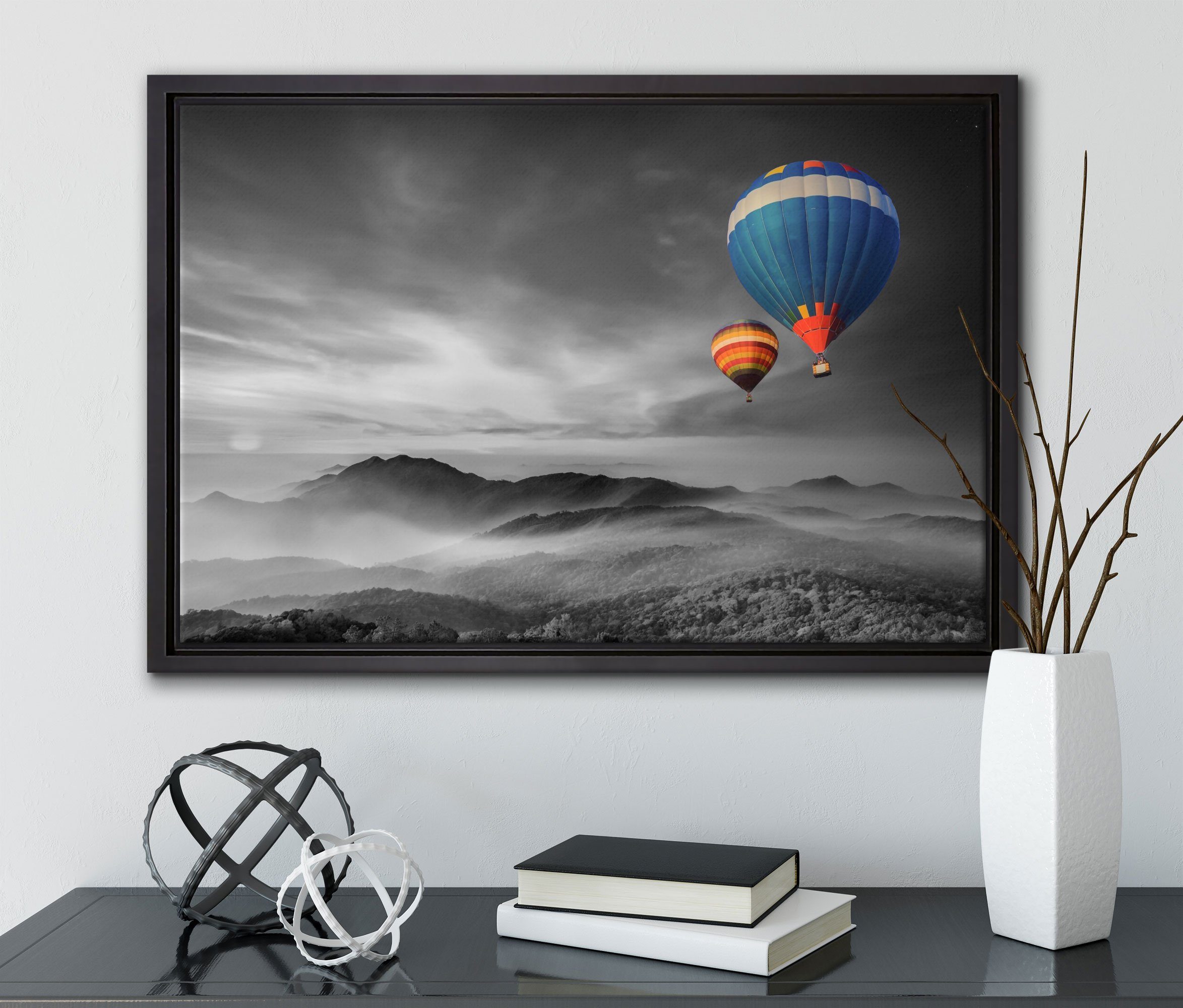 Pixxprint gefasst, Zackenaufhänger über Wanddekoration den Leinwandbild (1 Alpen, Heißluftballons fertig in Schattenfugen-Bilderrahmen inkl. Leinwandbild bespannt, St), einem