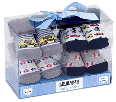 BRUBAKER Socken Babysocken für Jungen und Mädchen 0-12 Monate (4-Paar, Baumwollsocken mit Auto Motiven) Baby Geschenkset für Neugeborene in Geschenkverpackung mit Schleife