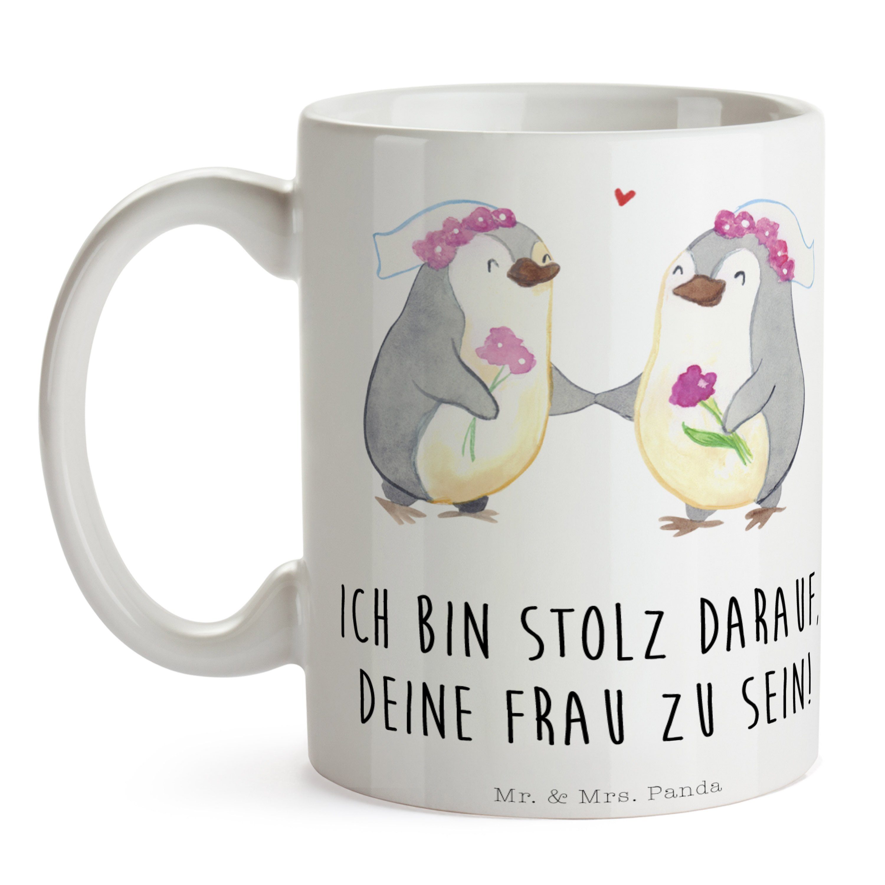 Mr. & Mrs. Panda - Pride Weiß Lesbian Keramik Becher, Geschenk, Pinguin Pärchen Kaffeetasse, - Tasse